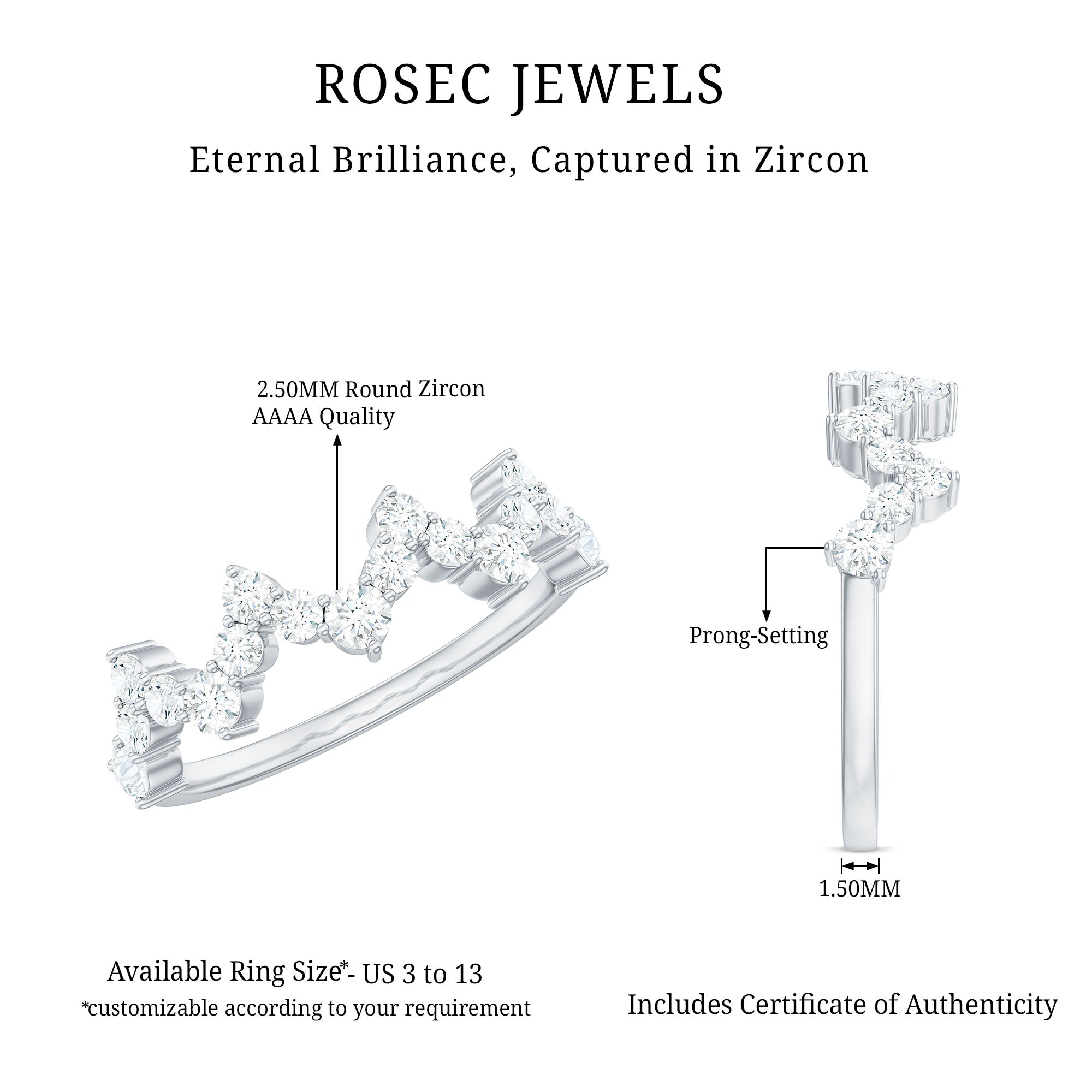 Round Simulated Diamond Zig Zag Half Eternity Ring