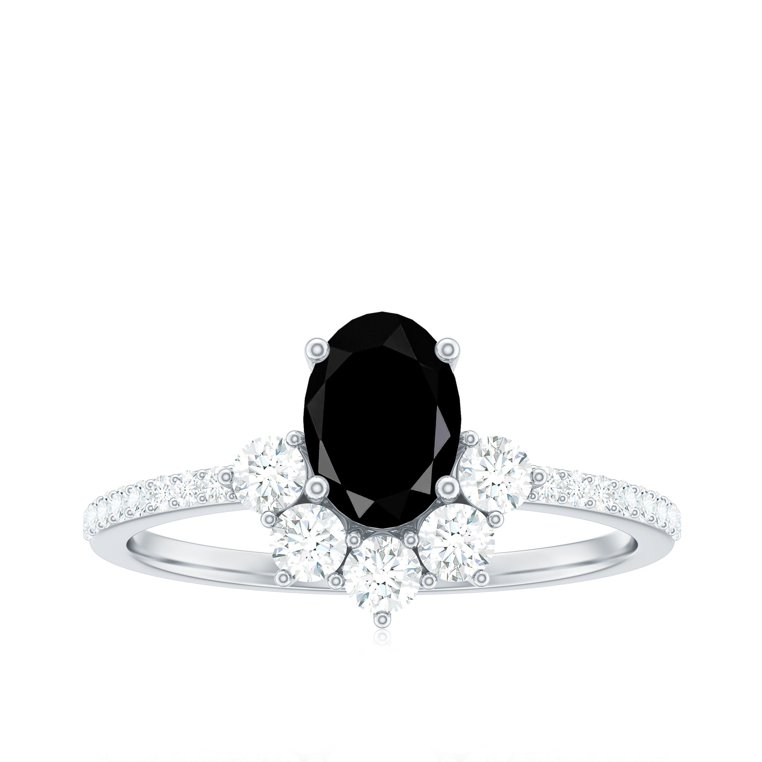 6X8mm Oval Cut Black Onyx Designer Engagement Ring with Diamond Half Halo
