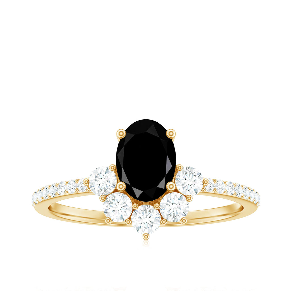 6X8mm Oval Cut Black Onyx Designer Engagement Ring with Diamond Half Halo