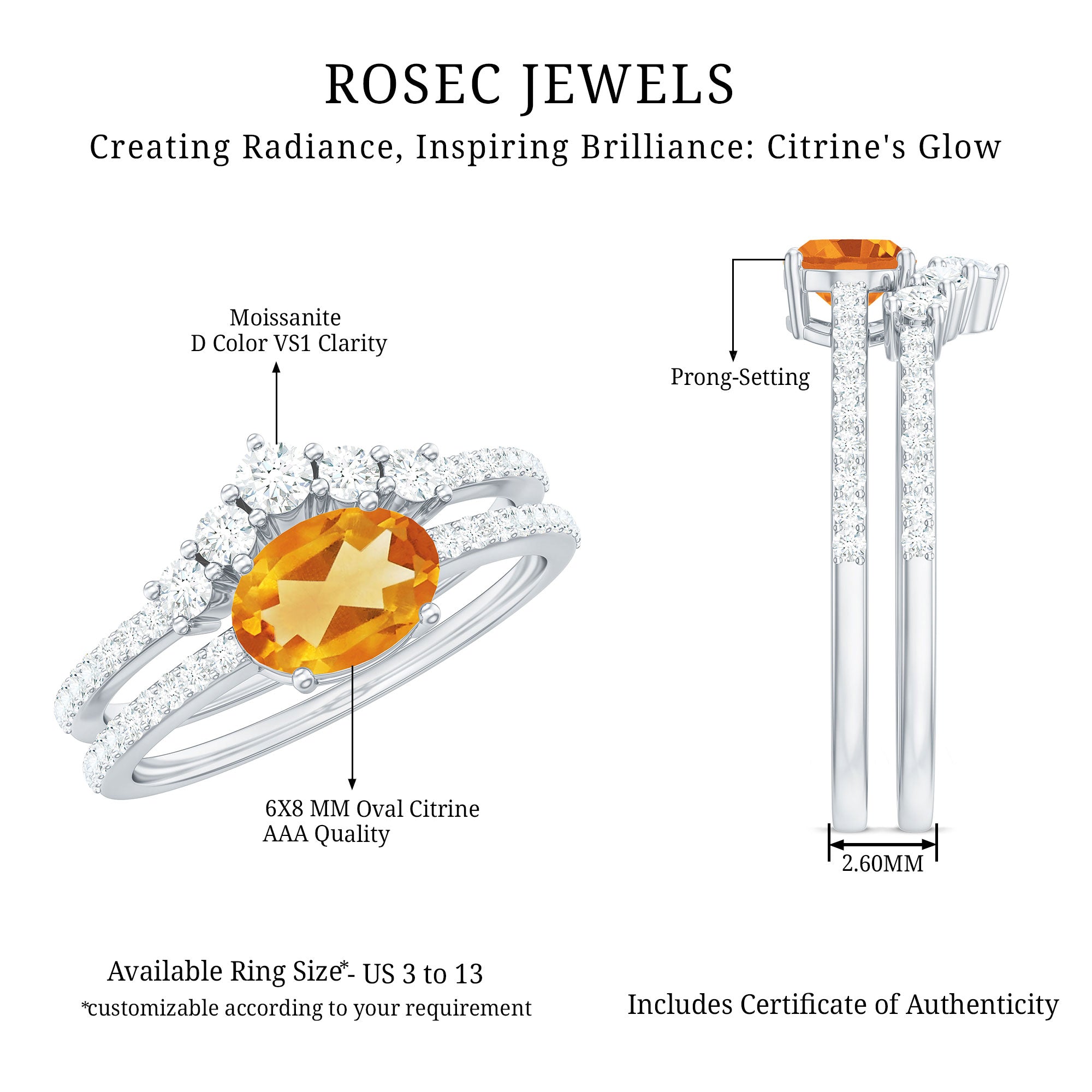 Natural Citrine Moissanite Oval Engagement Ring with Enhancer