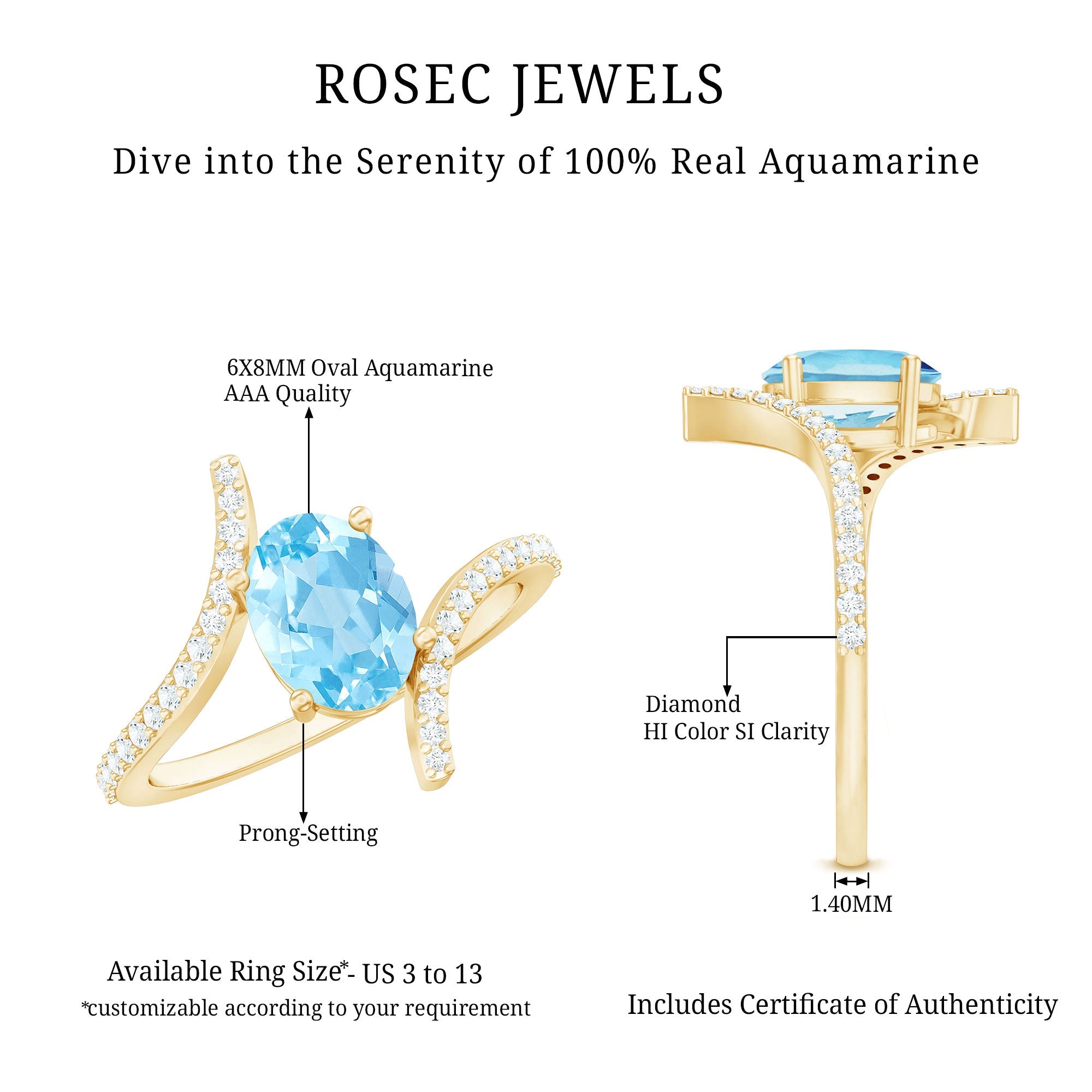 Real 6X8mm Aquamarine Oval Engagement Ring with Diamond Bypass Shank