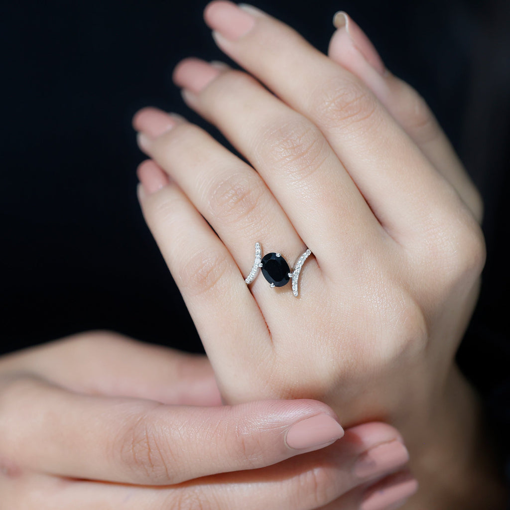 Certified Oval Cut Black Onyx Bypass Engagement Ring with Diamond
