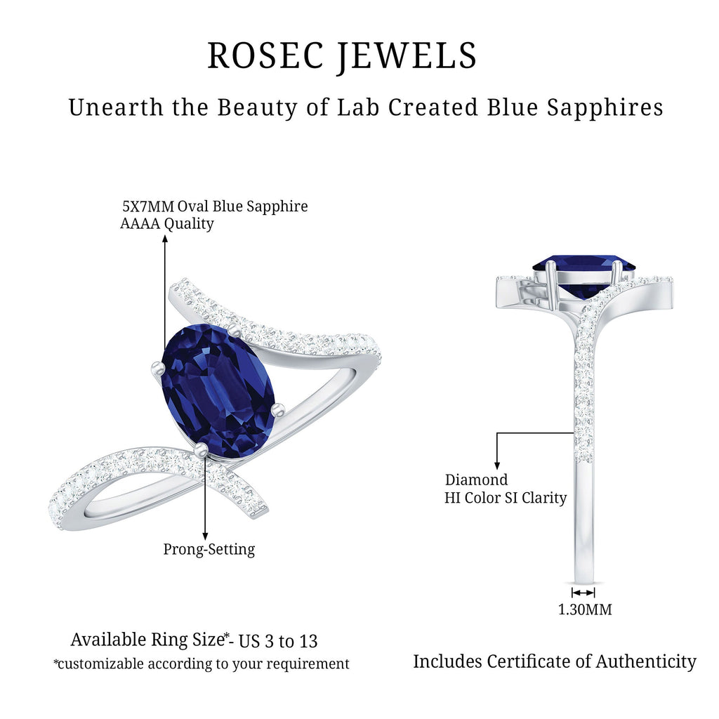 5X7 mm Oval Cut Lab Created Blue Sapphire Bypass Solitaire Ring with Diamond