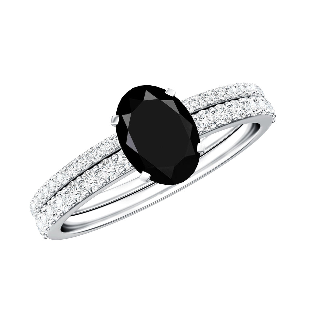 6X8mm Oval Cut Black Onyx Solitaire Rings Set with Diamond Wedding Band
