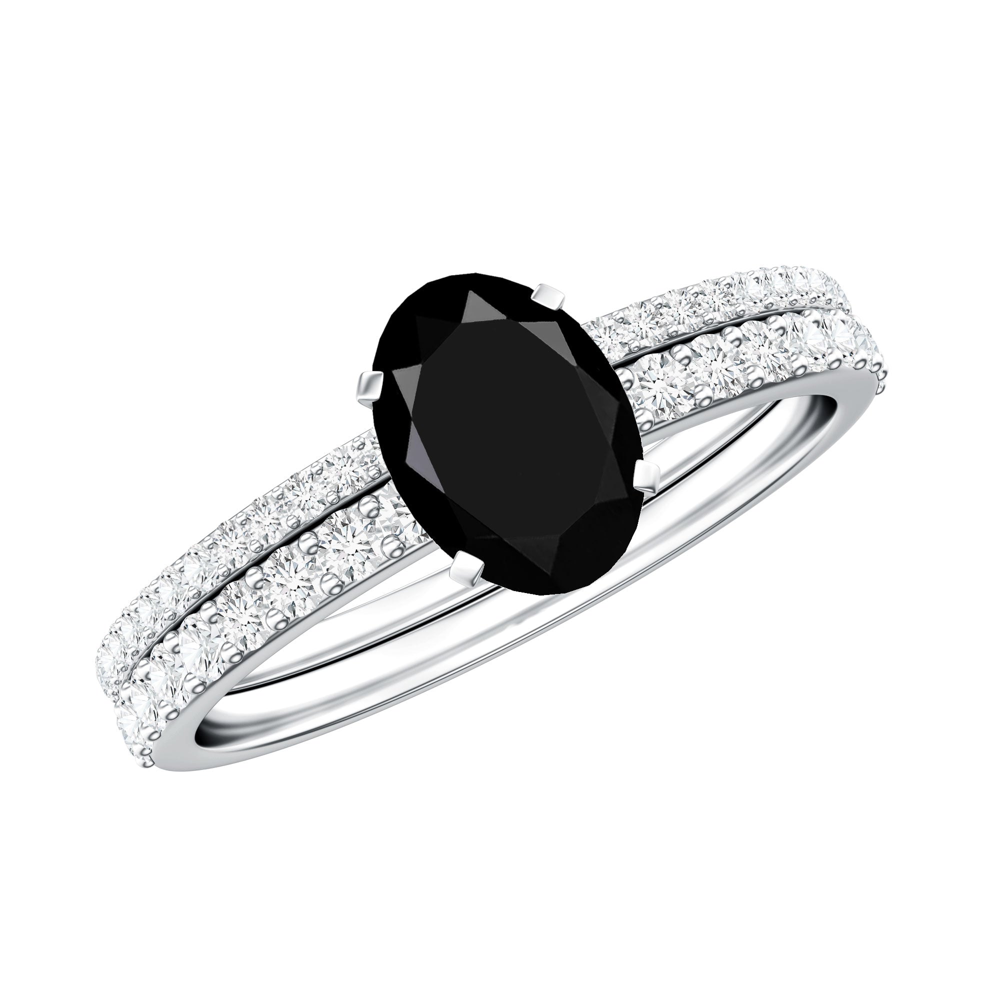 6X8mm Oval Cut Black Onyx Solitaire Rings Set with Diamond Wedding Band