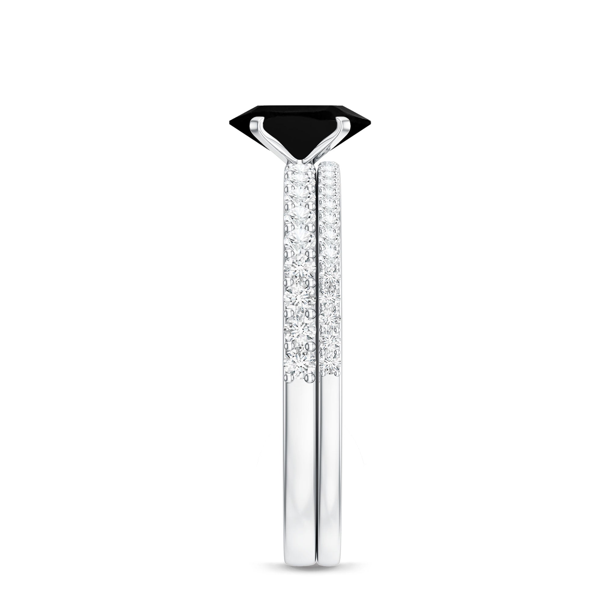 6X8mm Oval Cut Black Onyx Solitaire Rings Set with Diamond Wedding Band