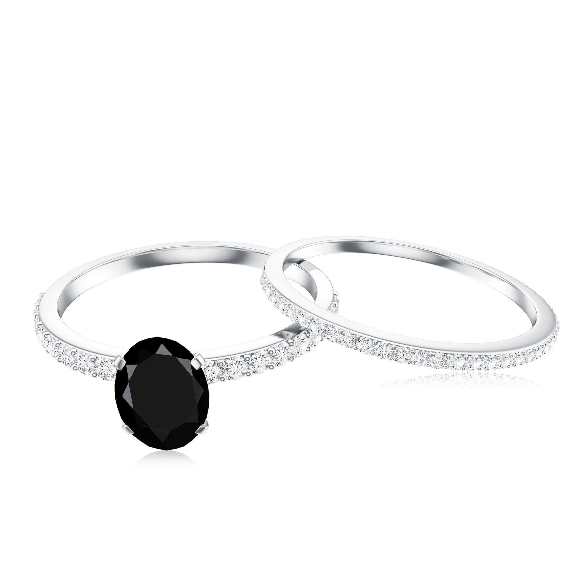 6X8mm Oval Cut Black Onyx Solitaire Rings Set with Diamond Wedding Band