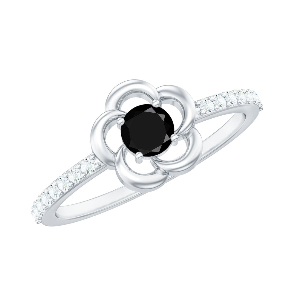 Certified 0.8 Carat Lab Grown Black Flower Promise Ring with White Diamond