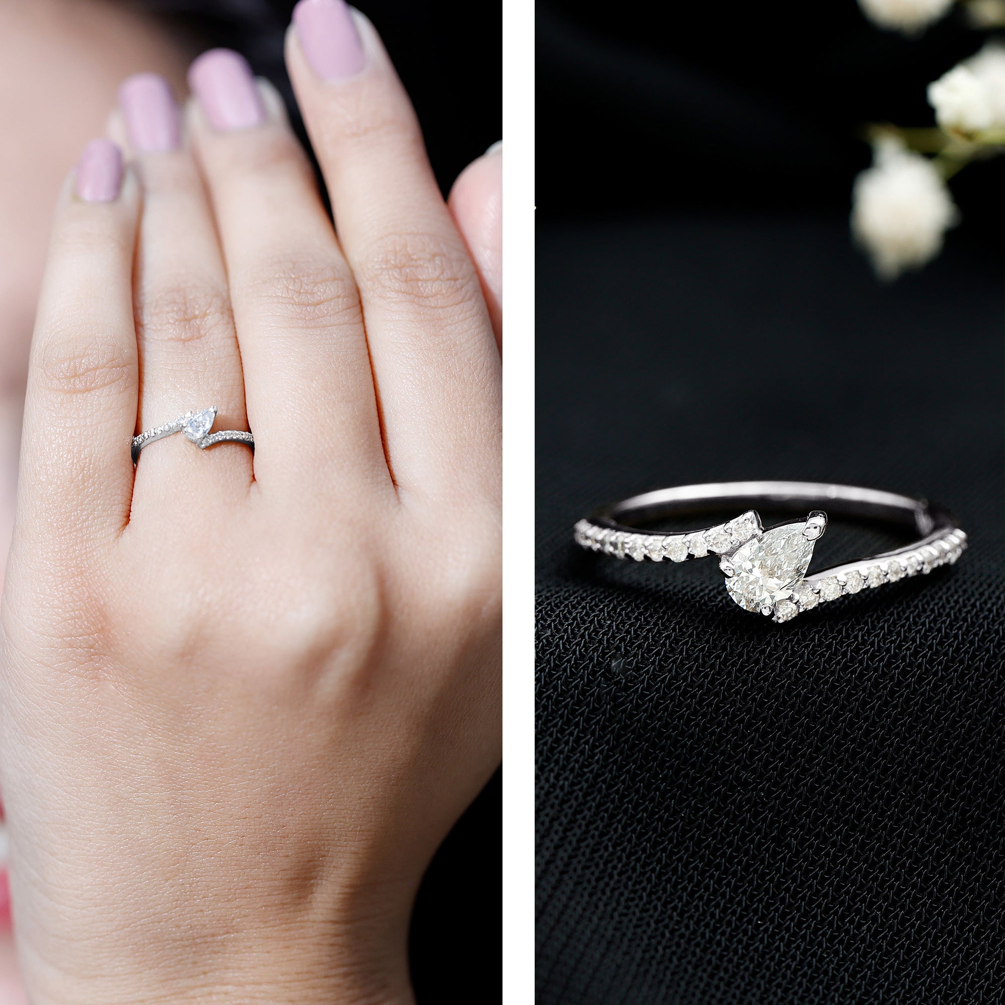 Tilted Pear Shape Simulated Diamond Bypass Promise Ring
