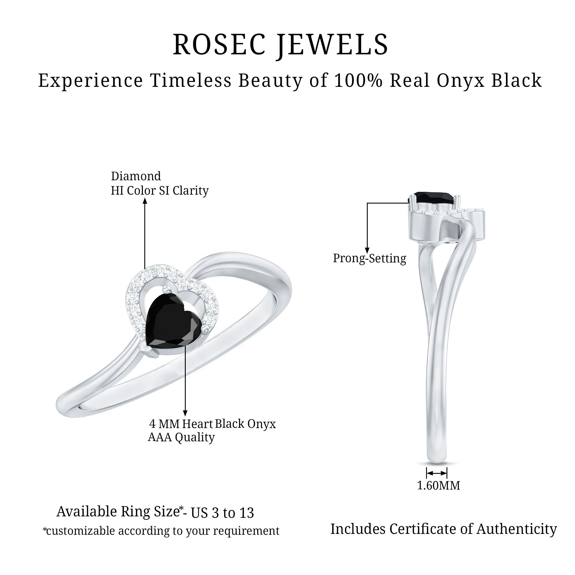 Genuine Black Onyx and Diamond Heart Promise Ring