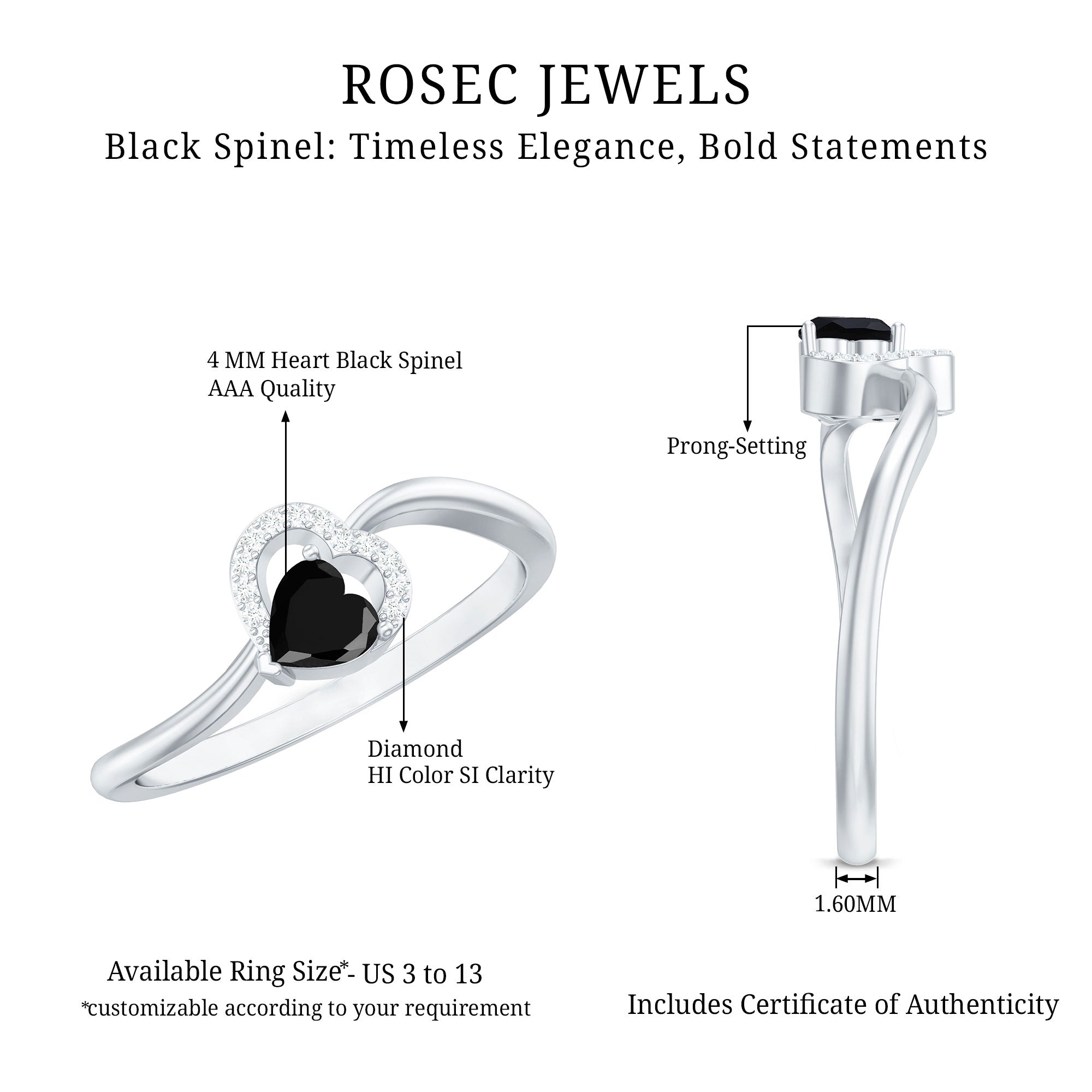 Natural Black Spinel Heart Promise Ring with Diamond
