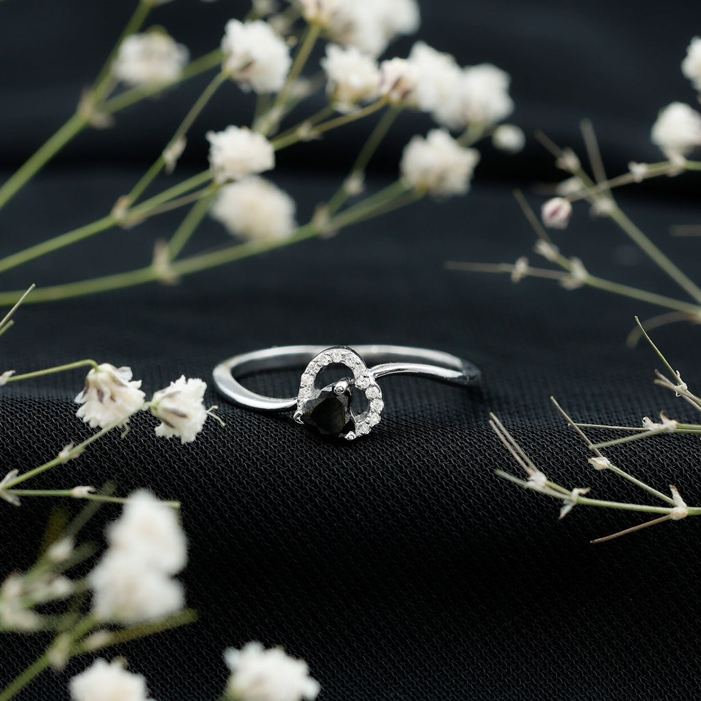 Natural Black Spinel Heart Promise Ring with Diamond