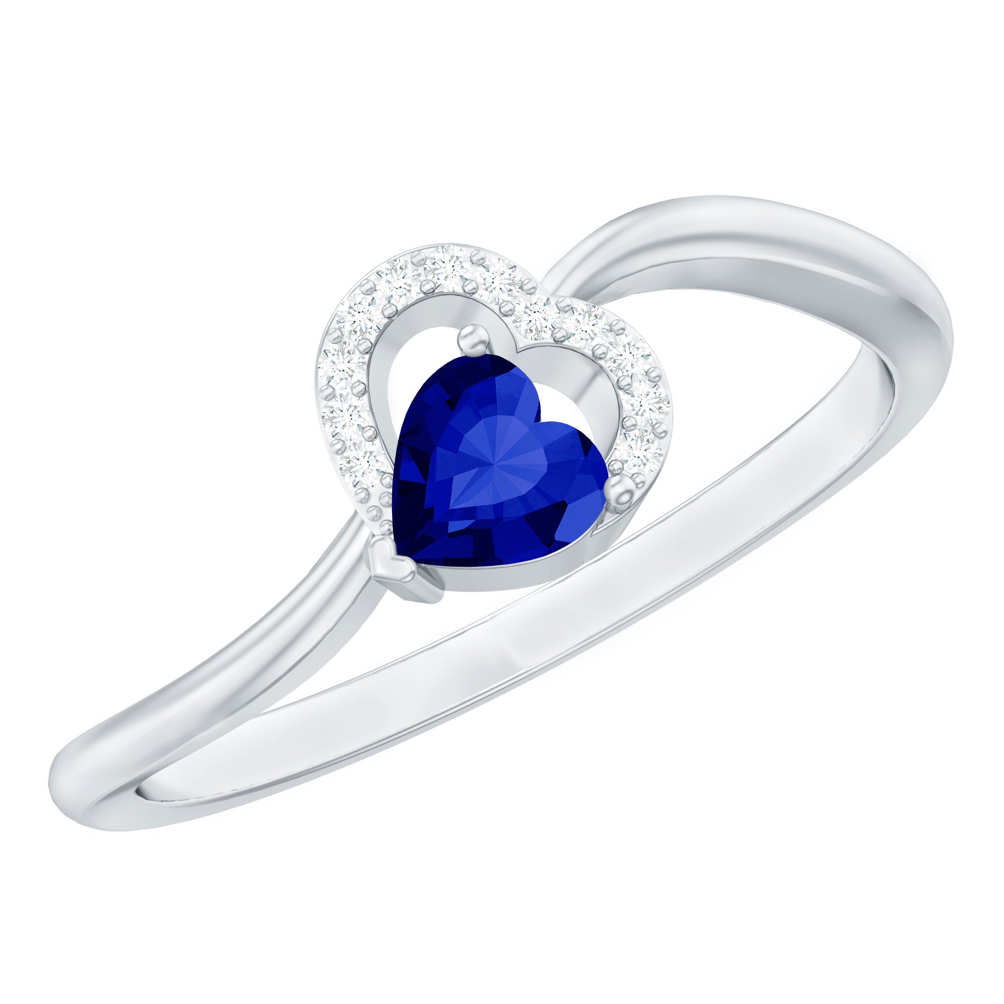 Certified Lab Grown Blue Sapphire Heart Promise Ring with Diamond