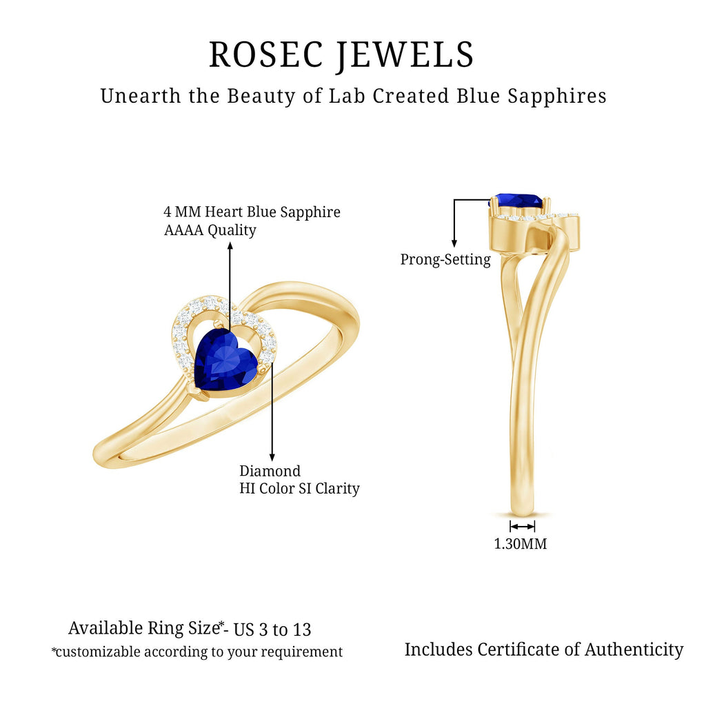 Certified Lab Grown Blue Sapphire Heart Promise Ring with Diamond