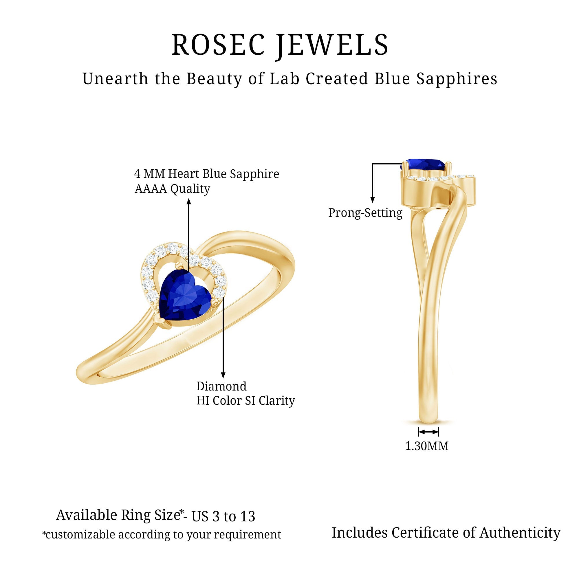 Certified Lab Grown Blue Sapphire Heart Promise Ring with Diamond