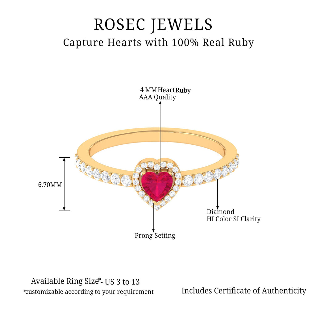 Genuine Ruby Heart Promise Ring with Diamond Halo