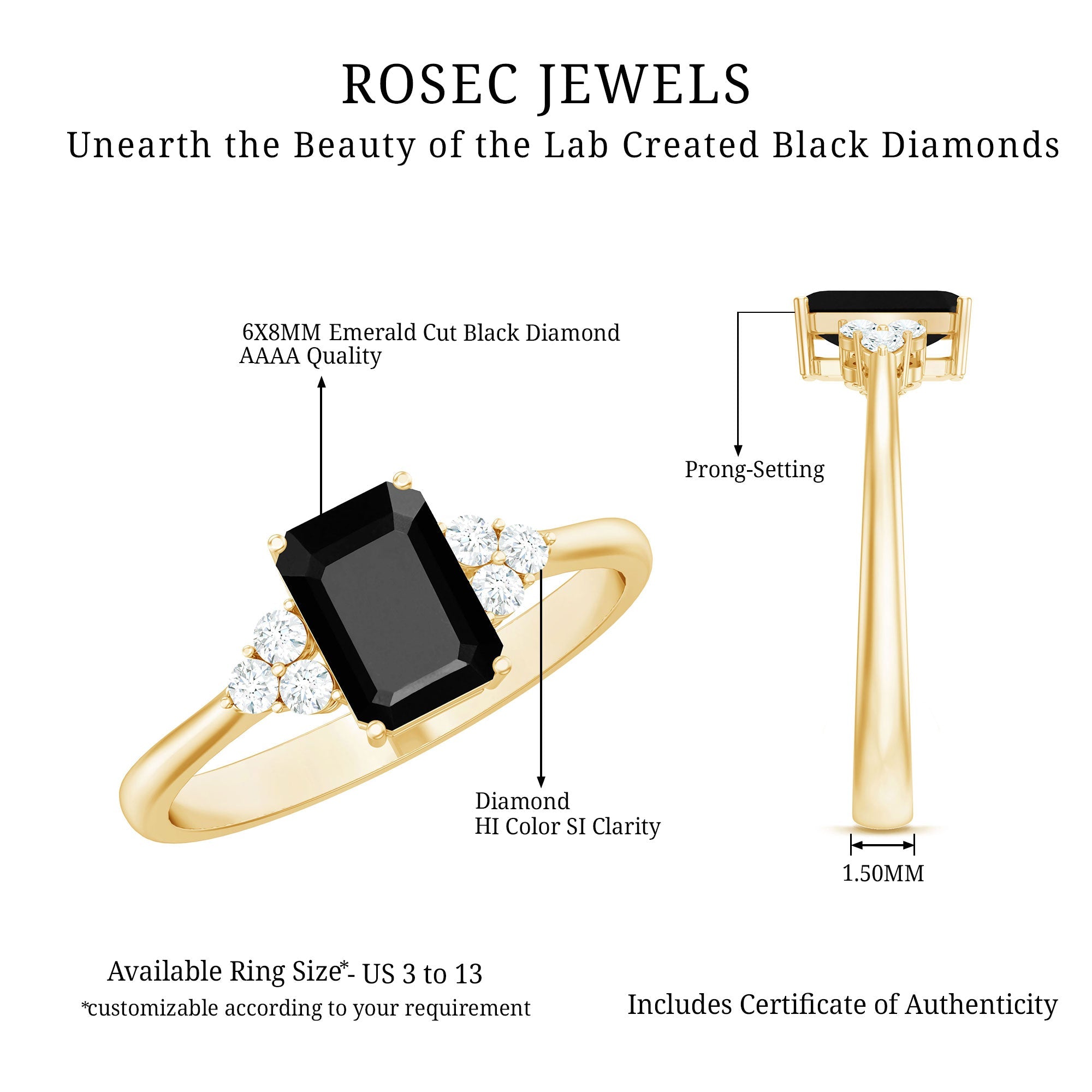 1.6 Carat Lab Grown Black Diamond Emerald Cut Engagement Ring with White Diamond