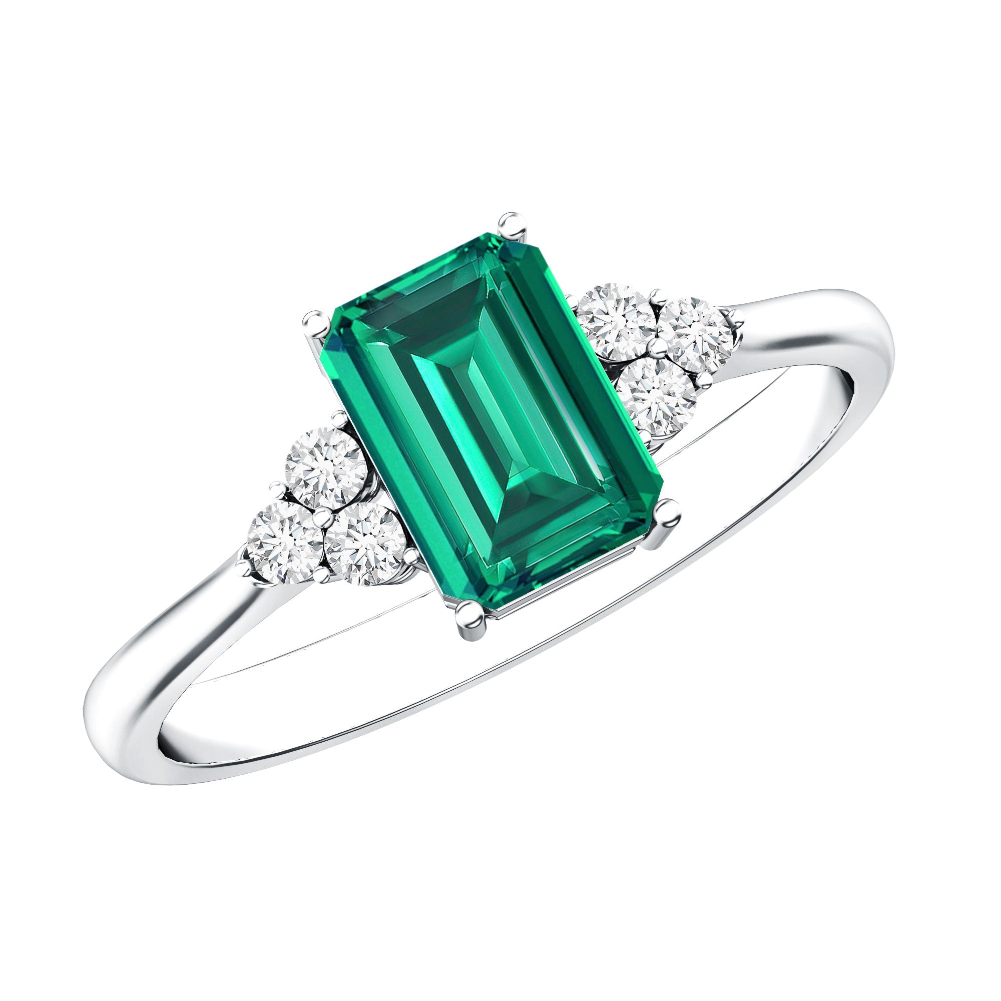 Certified 6X8 mm Lab Grown Emerald Cut Emerald Engagement Ring with Diamond Trio