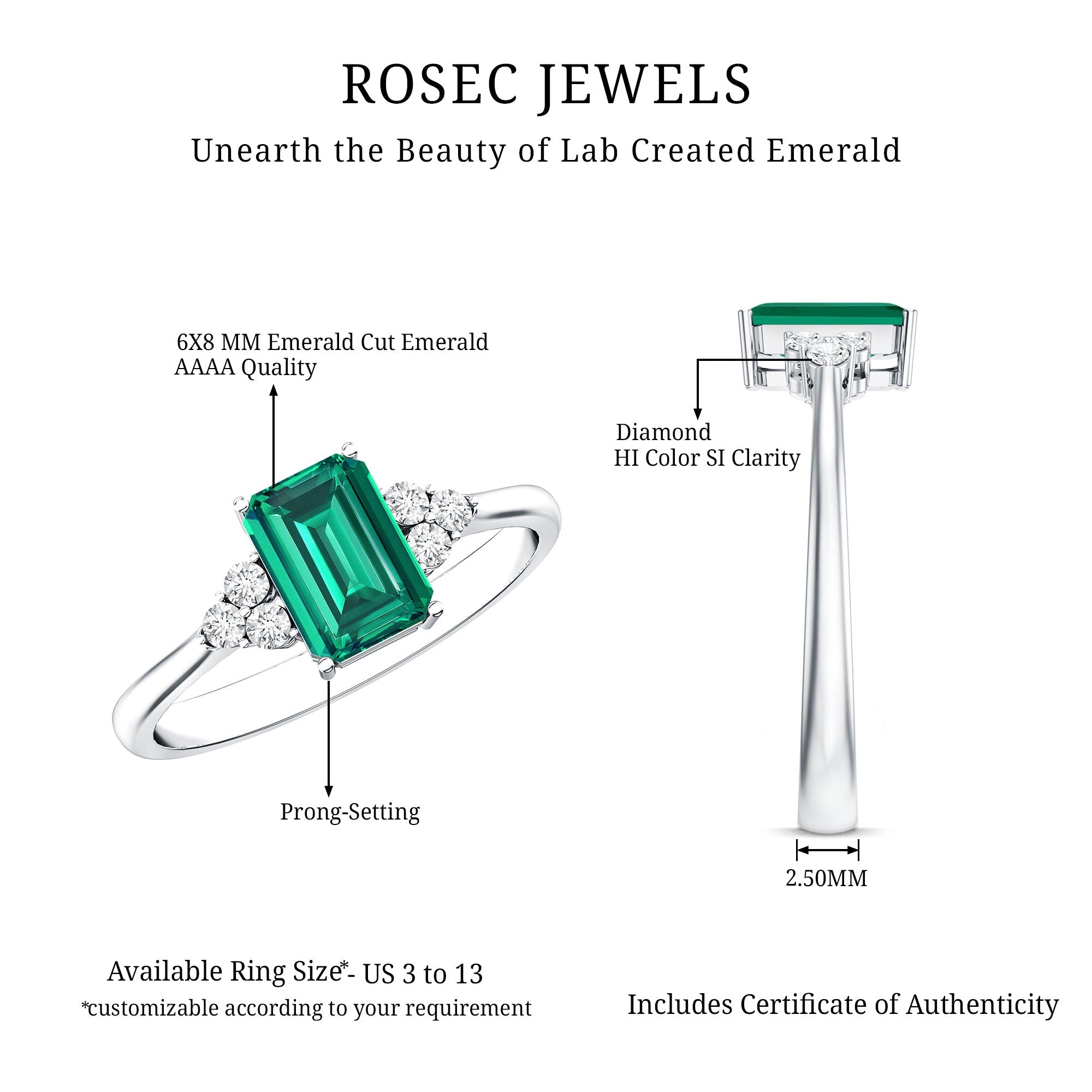 Certified 6X8 mm Lab Grown Emerald Cut Emerald Engagement Ring with Diamond Trio