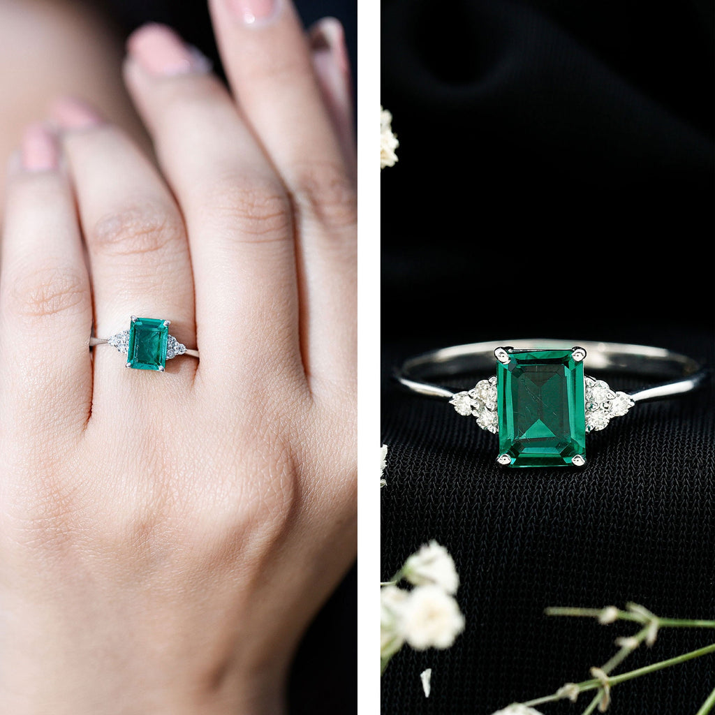Certified 6X8 mm Lab Grown Emerald Cut Emerald Engagement Ring with Diamond Trio