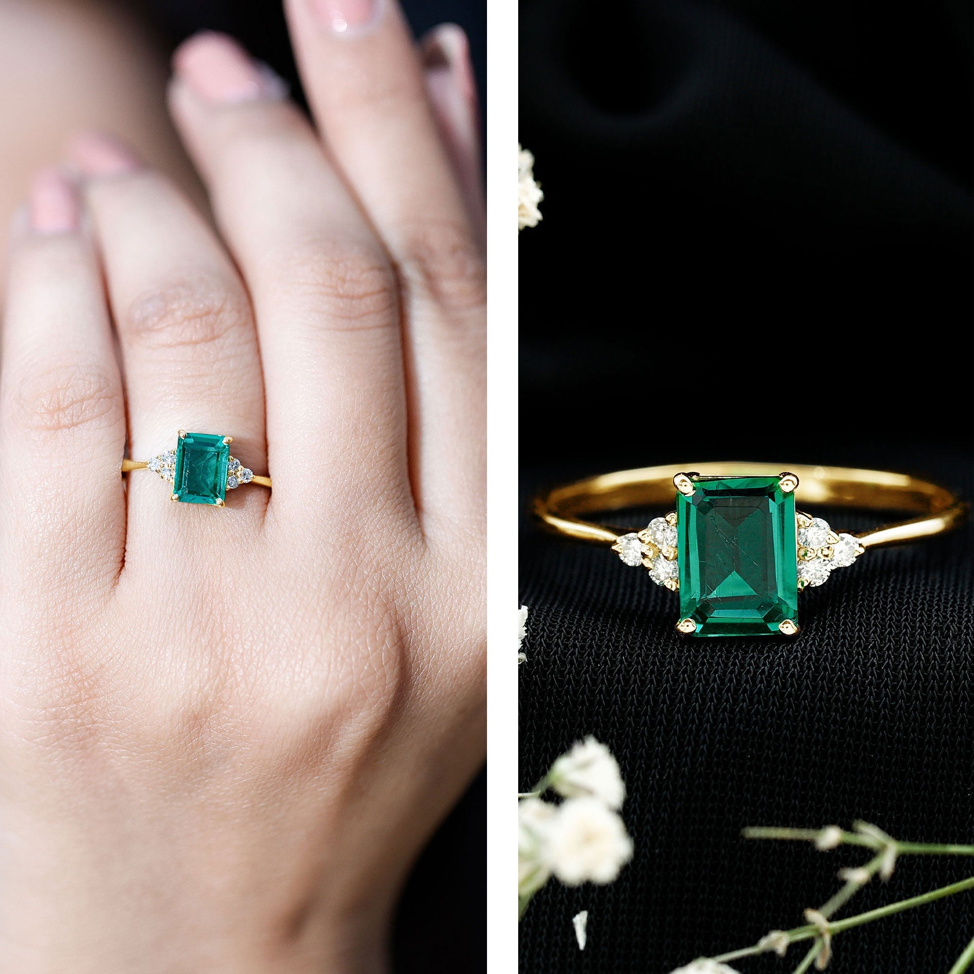Certified 6X8 mm Lab Grown Emerald Cut Emerald Engagement Ring with Diamond Trio