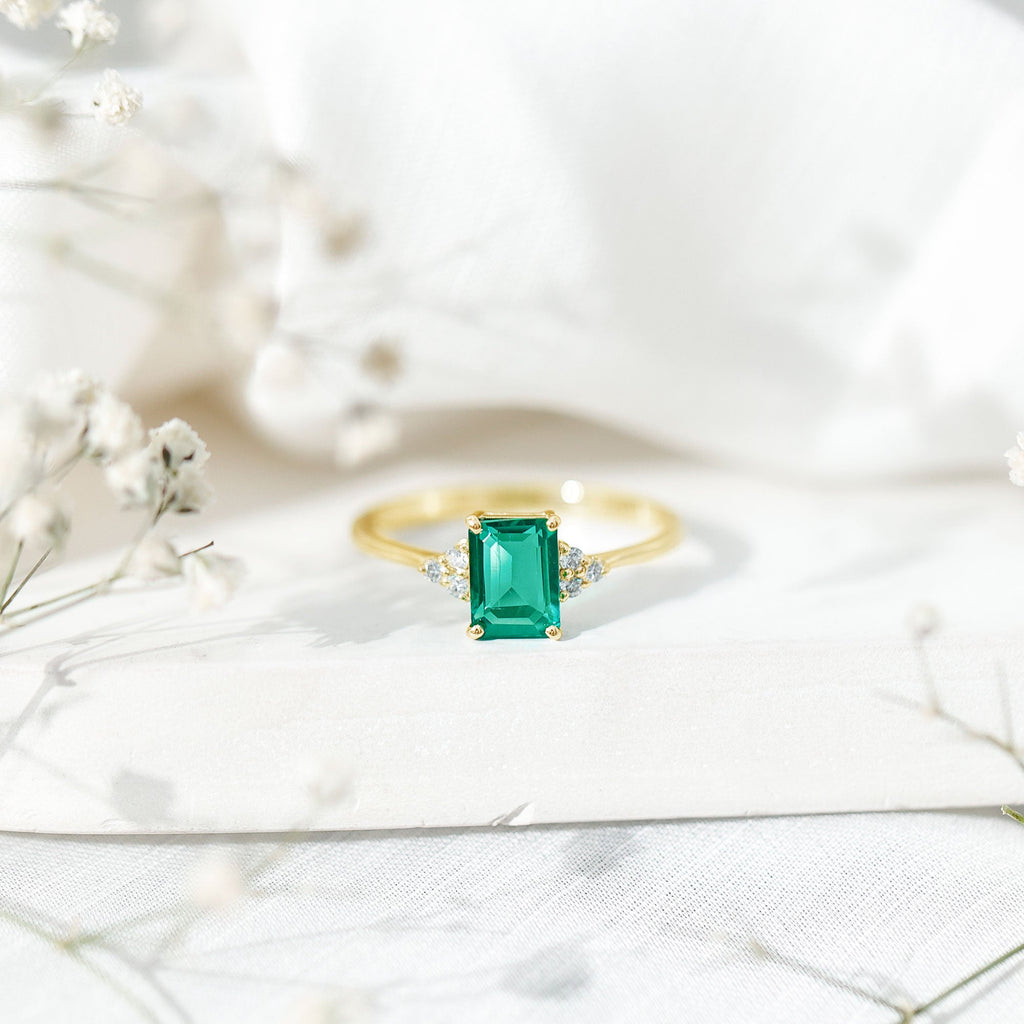 Certified 6X8 mm Lab Grown Emerald Cut Emerald Engagement Ring with Diamond Trio