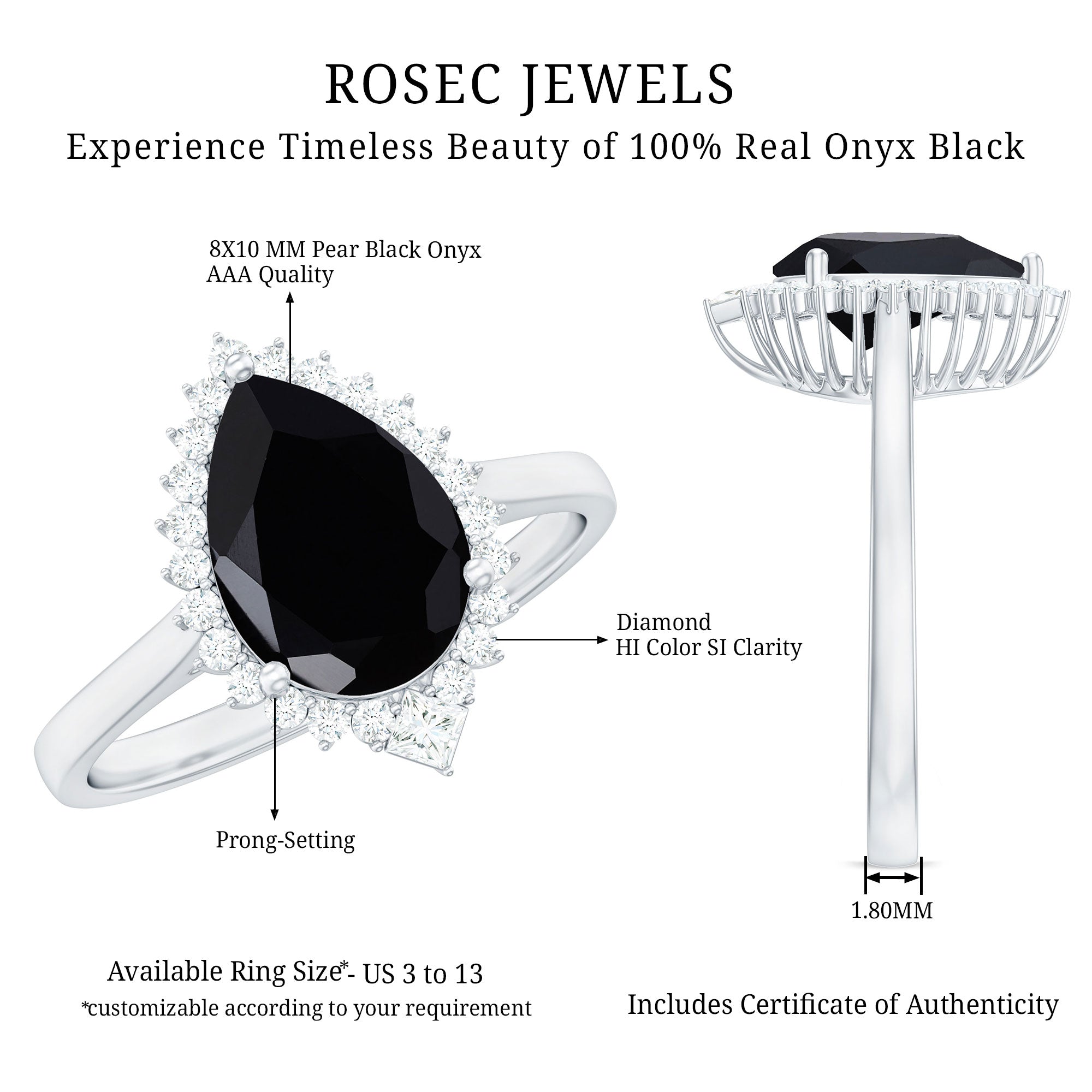 Pear Shaped Black Onyx Big Engagement Ring with Diamond Halo