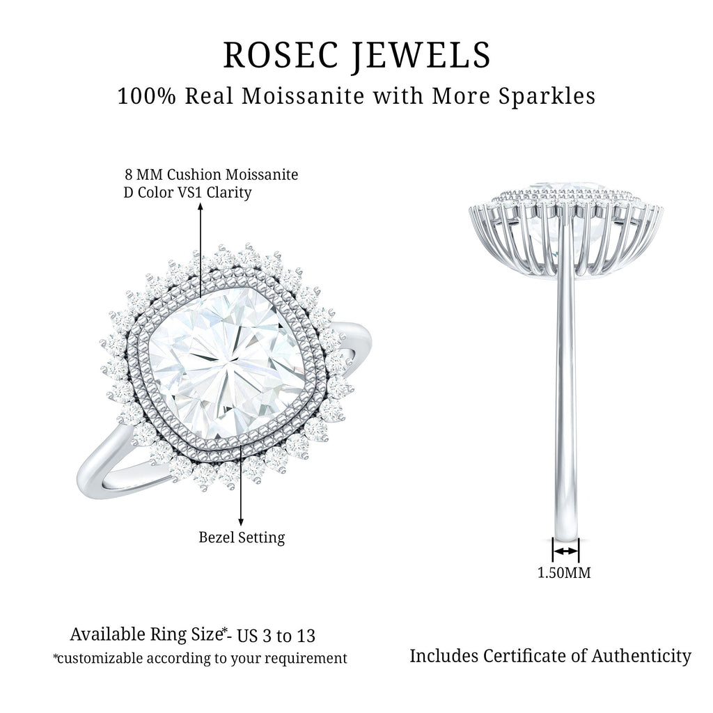 Certified Moissanite Cushion Cut Engagement Ring with Beaded Detail