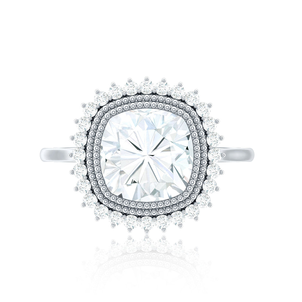 Certified Moissanite Cushion Cut Engagement Ring with Beaded Detail
