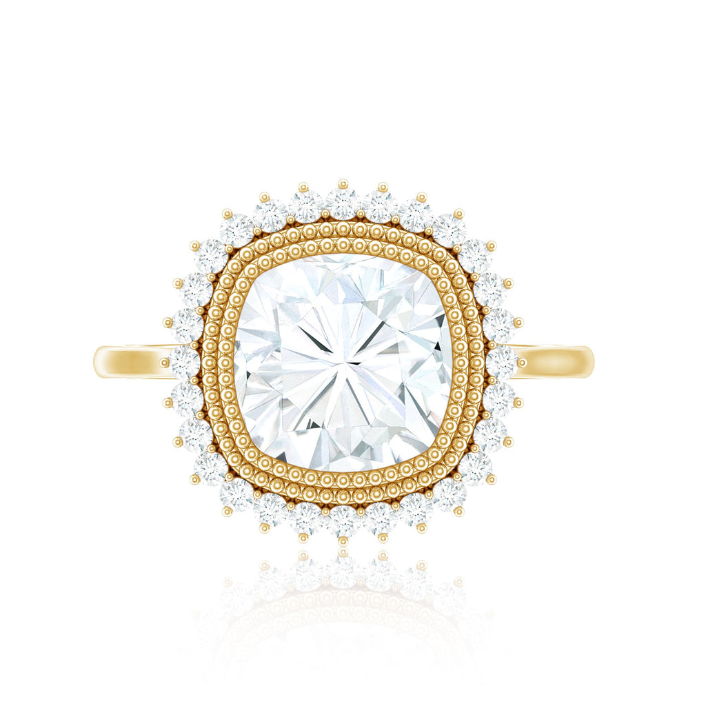 Certified Moissanite Cushion Cut Engagement Ring with Beaded Detail
