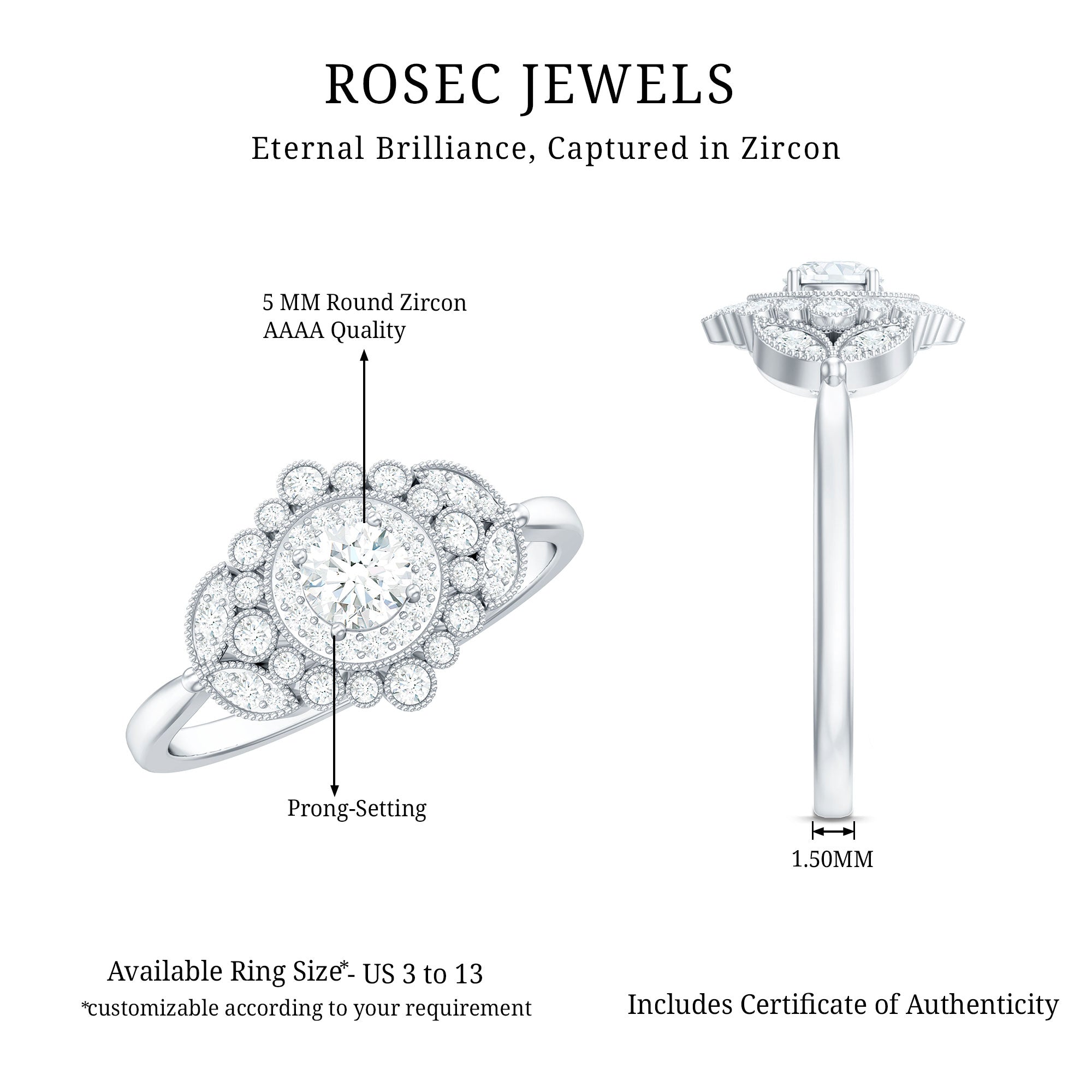 Vintage Style Cubic Zirconia Engagement Ring with Milgrain Detailing