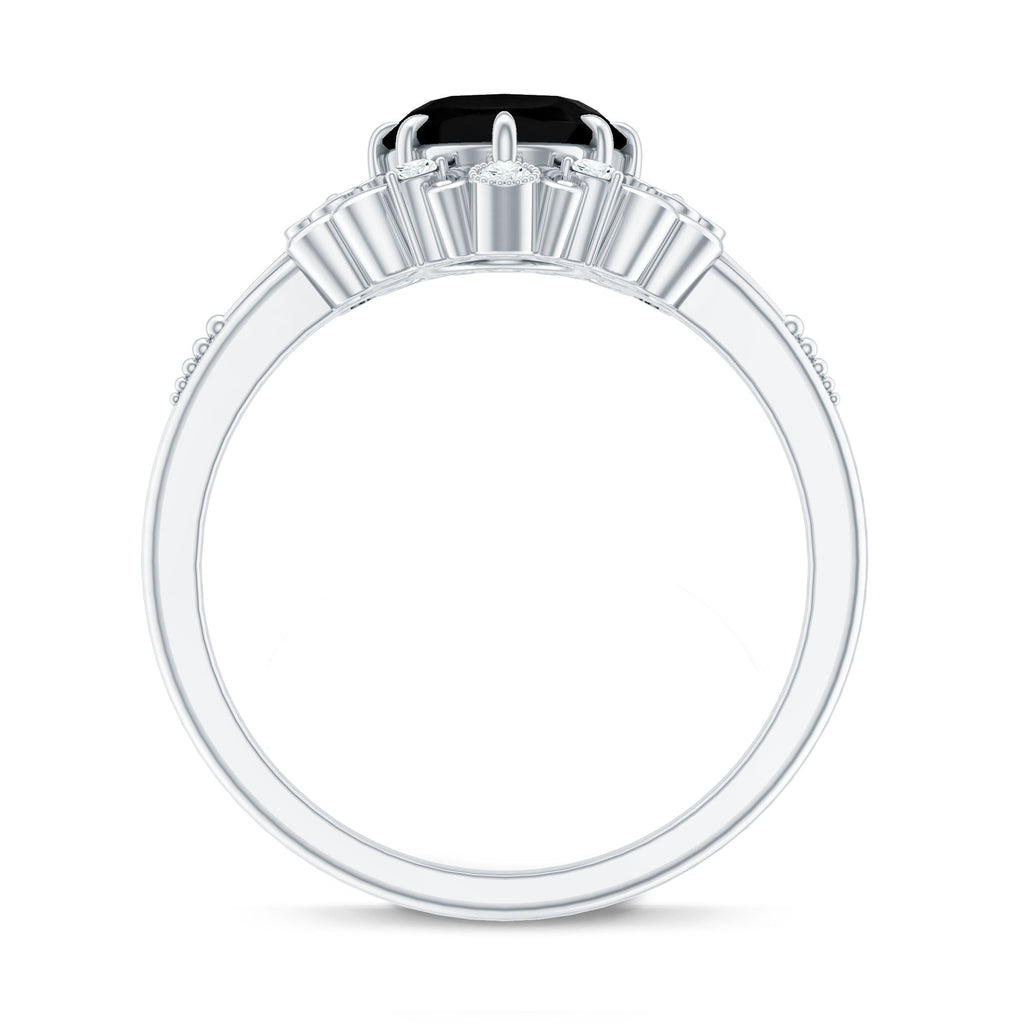 7X9mm Oval Cut Vintage Inspired Black Onyx Statement Ring with Diamond