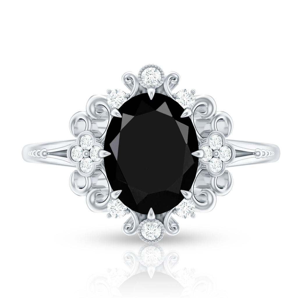 7X9mm Oval Cut Vintage Inspired Black Onyx Statement Ring with Diamond