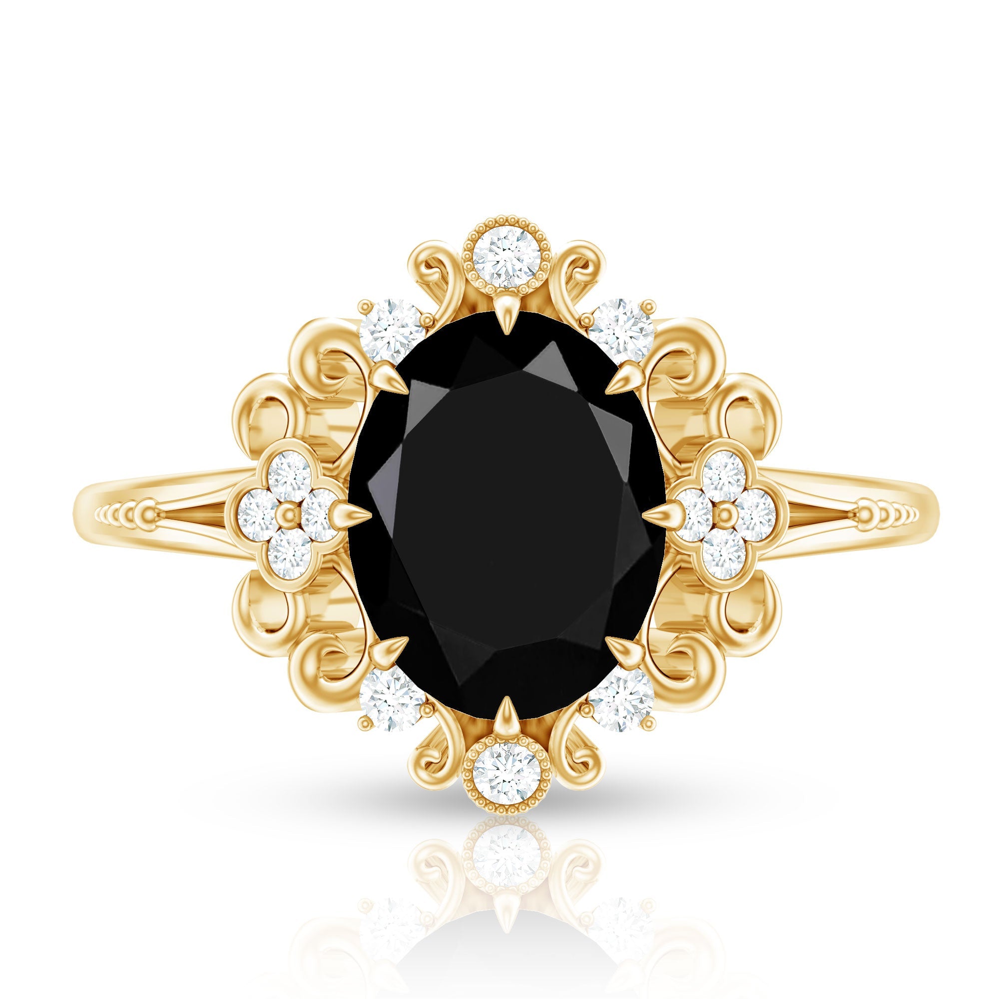 7X9mm Oval Cut Vintage Inspired Black Onyx Statement Ring with Diamond