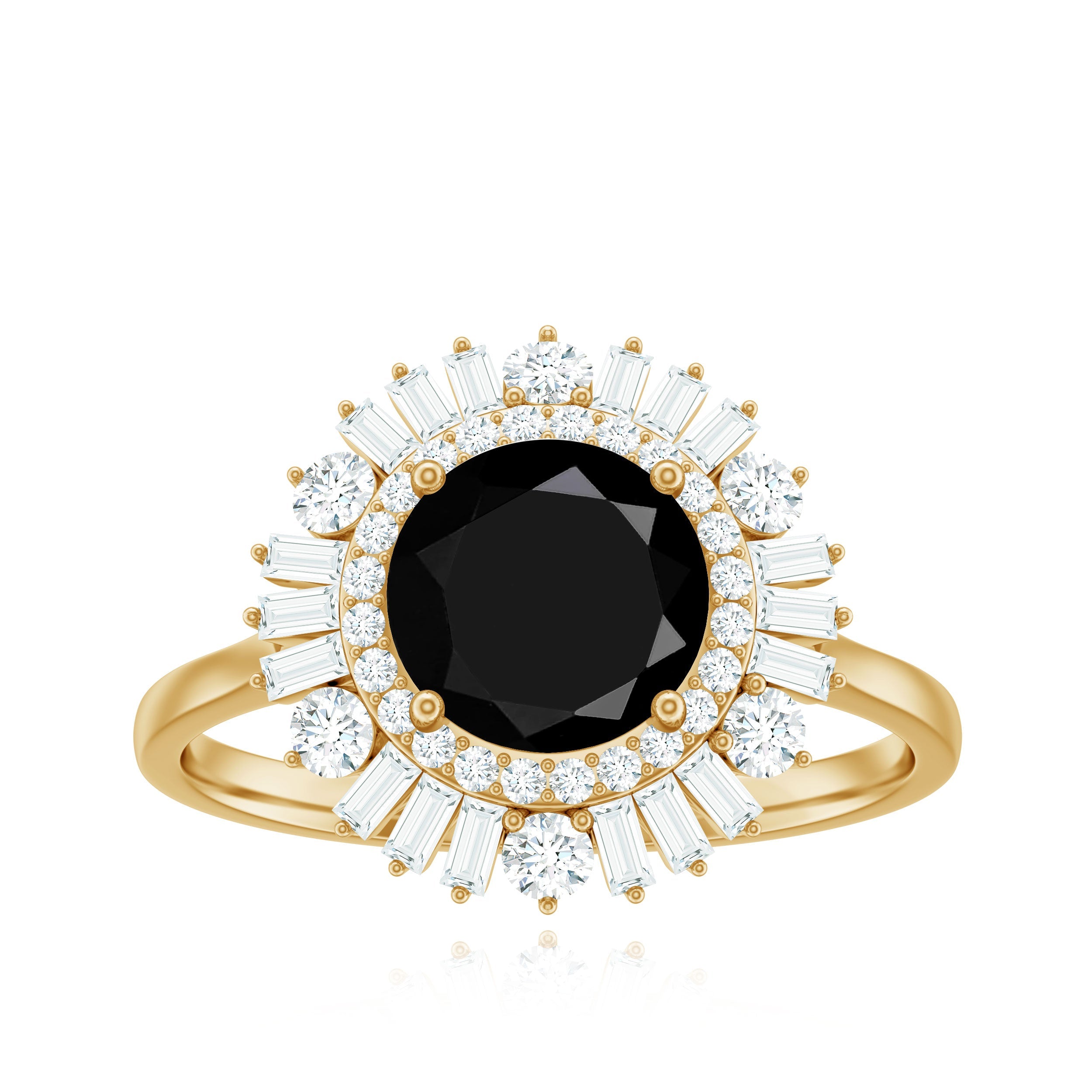 7mm Round Black Onyx Double Halo Cocktail Ring with Moissanite