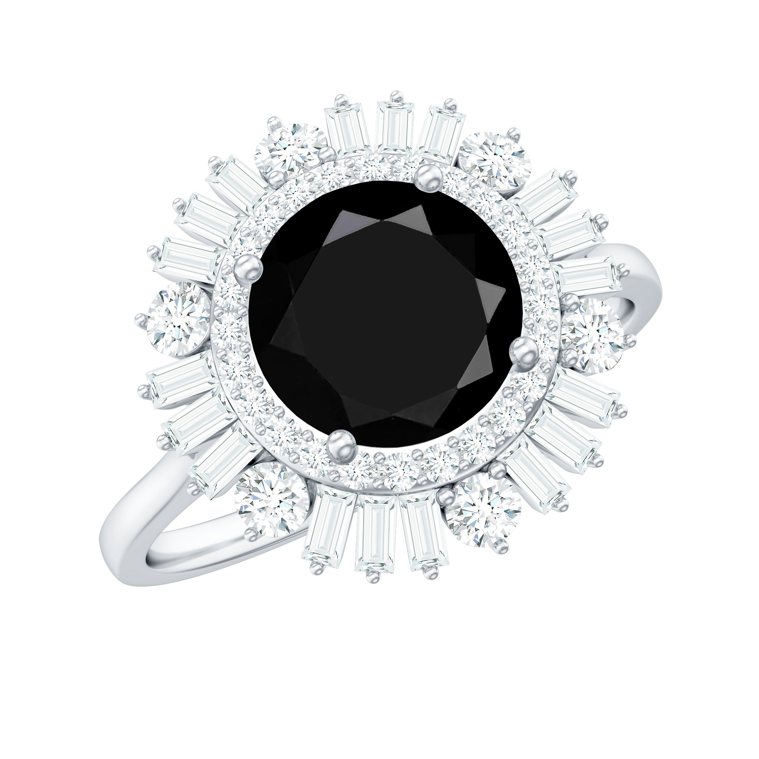Natural 1.5 Carat Black Spinel Engagement Ring with Double Moissanite Halo