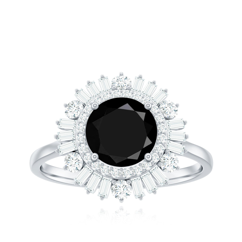 Natural 1.5 Carat Black Spinel Engagement Ring with Double Moissanite Halo