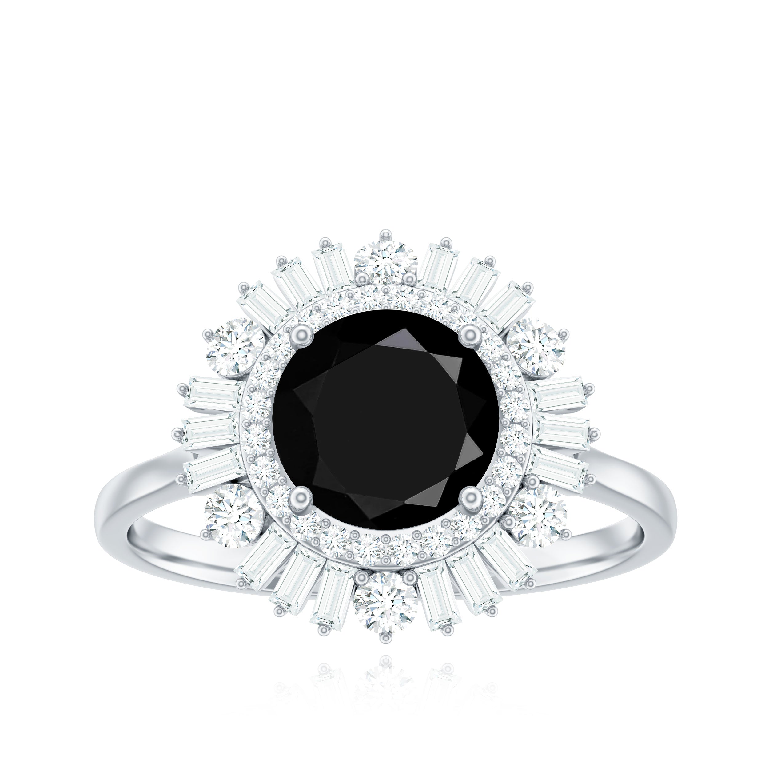 Natural 1.5 Carat Black Spinel Engagement Ring with Double Moissanite Halo