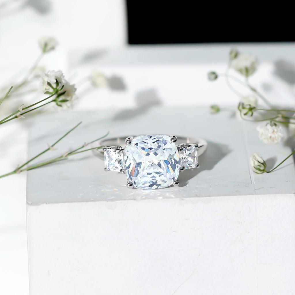 Cushion Cut Zircon Solitaire Engagement Ring with Side Stones