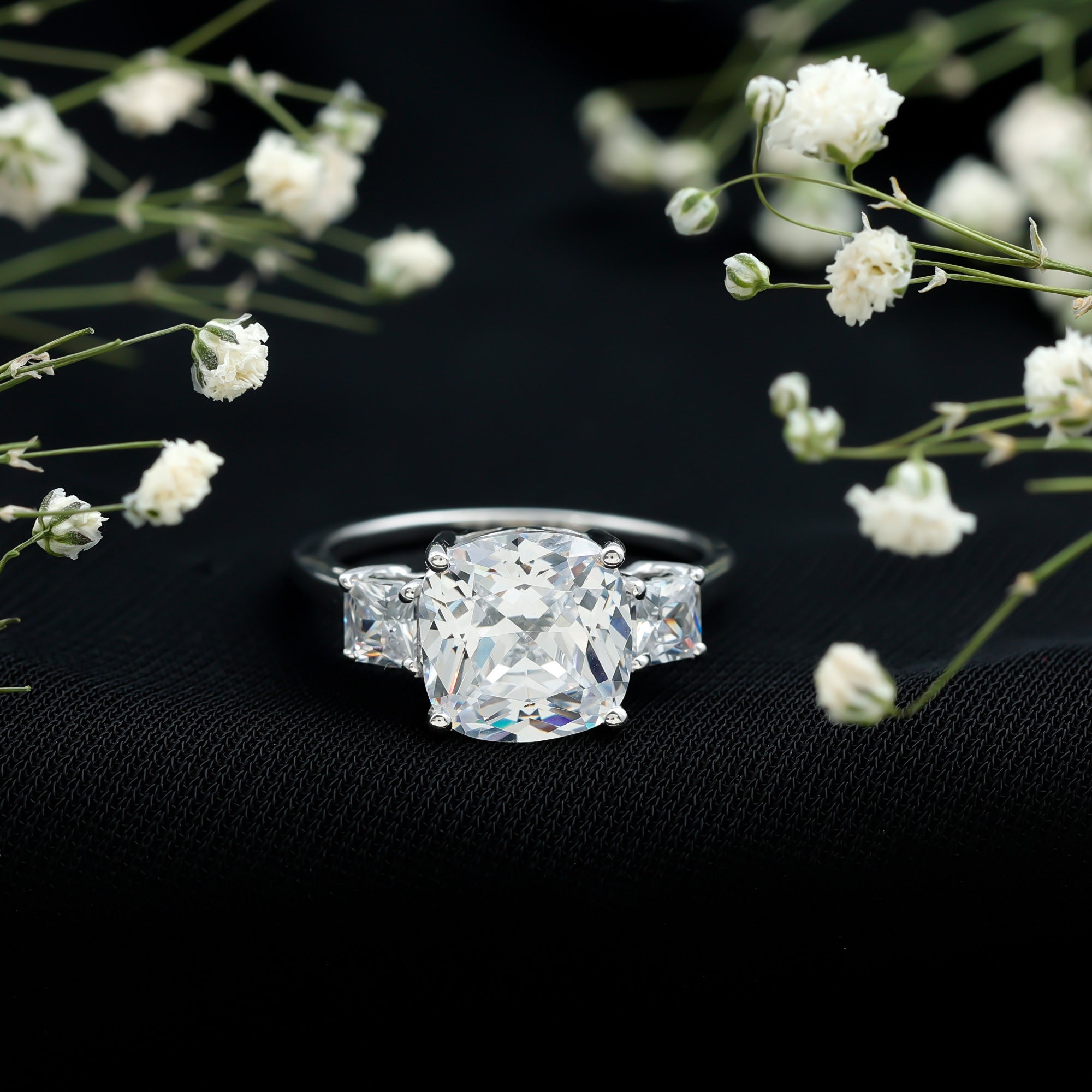 Cushion Cut Zircon Solitaire Engagement Ring with Side Stones