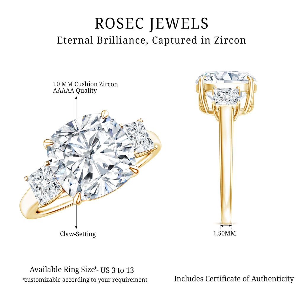 Cushion Cut Zircon Solitaire Engagement Ring with Side Stones