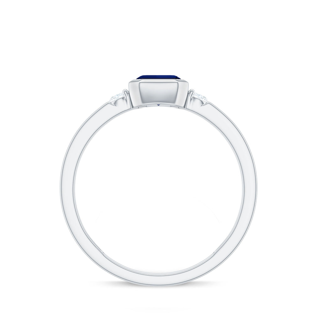 Bezel Set 1.75 Carat Lab Grown Blue Sapphire Emerald Cut Engagement Ring with Diamond