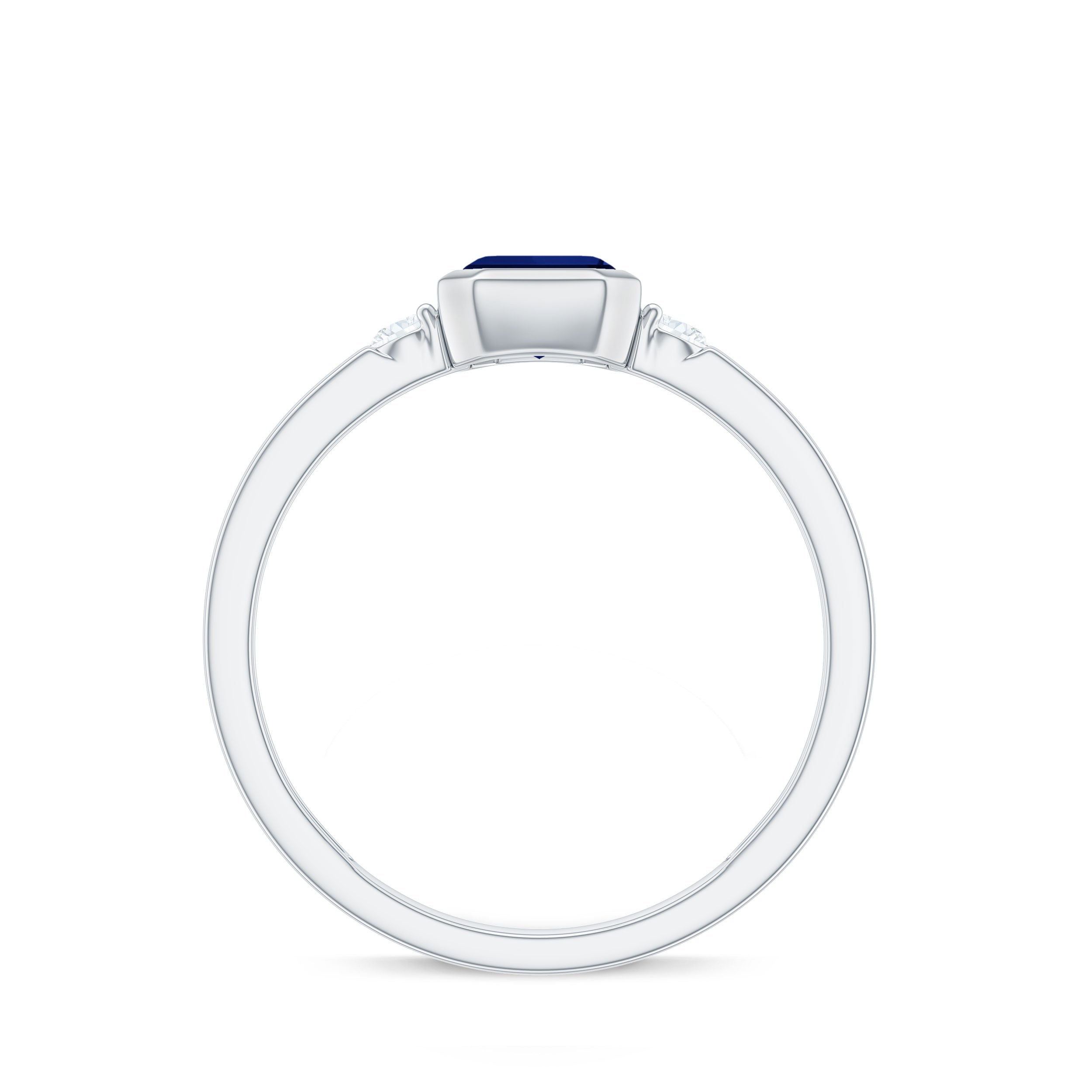 Bezel Set 1.75 Carat Lab Grown Blue Sapphire Emerald Cut Engagement Ring with Diamond