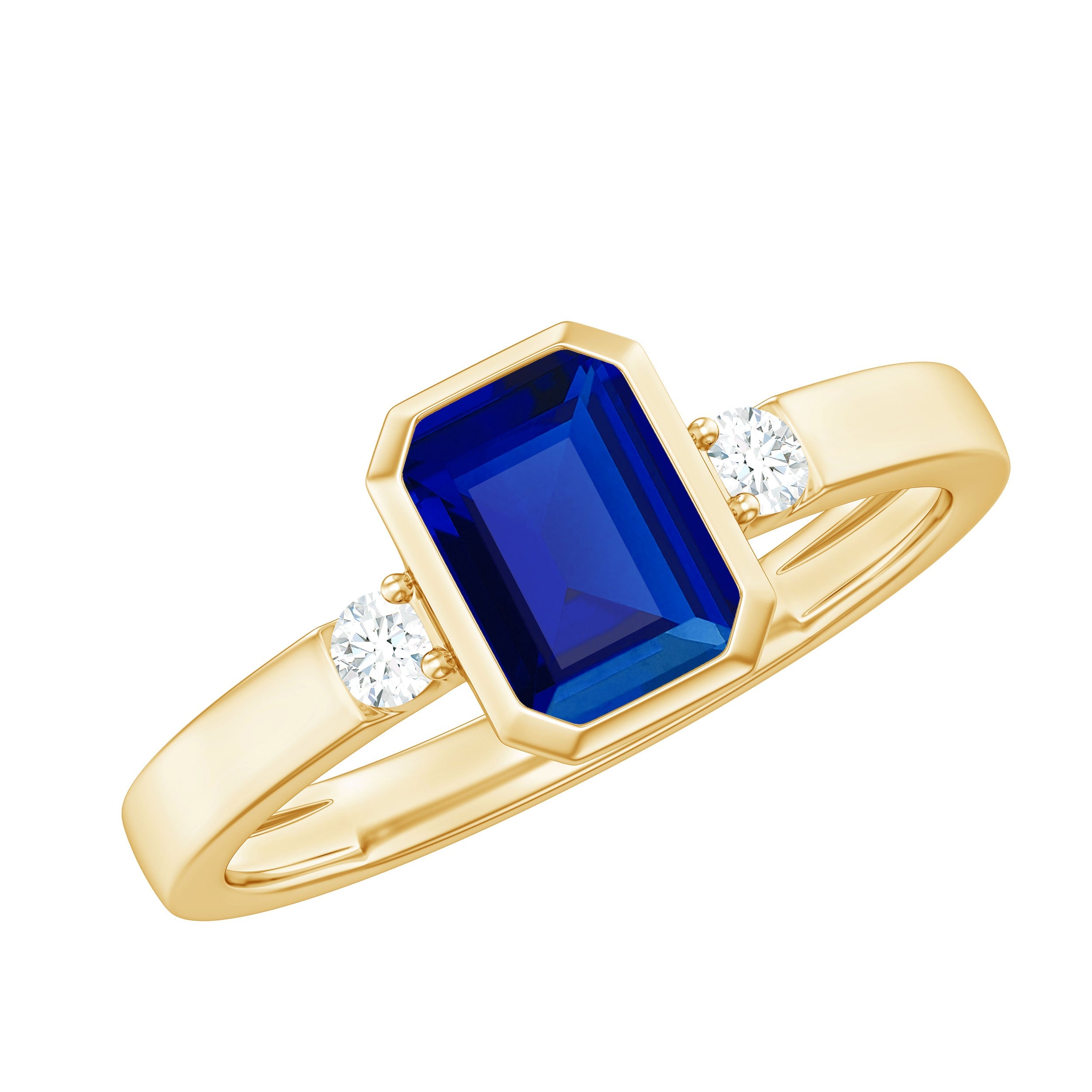 Bezel Set 1.75 Carat Lab Grown Blue Sapphire Emerald Cut Engagement Ring with Diamond