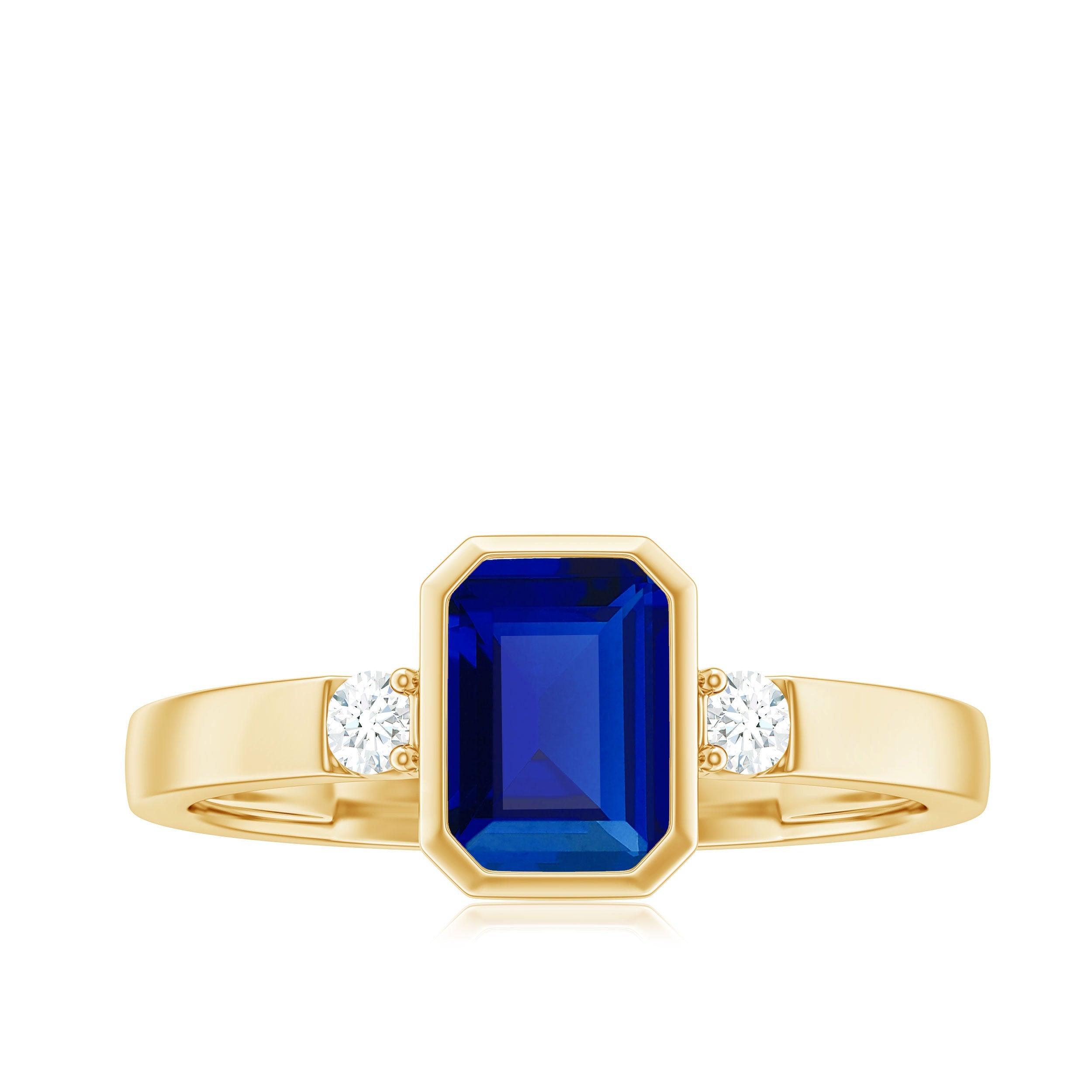 Bezel Set 1.75 Carat Lab Grown Blue Sapphire Emerald Cut Engagement Ring with Diamond