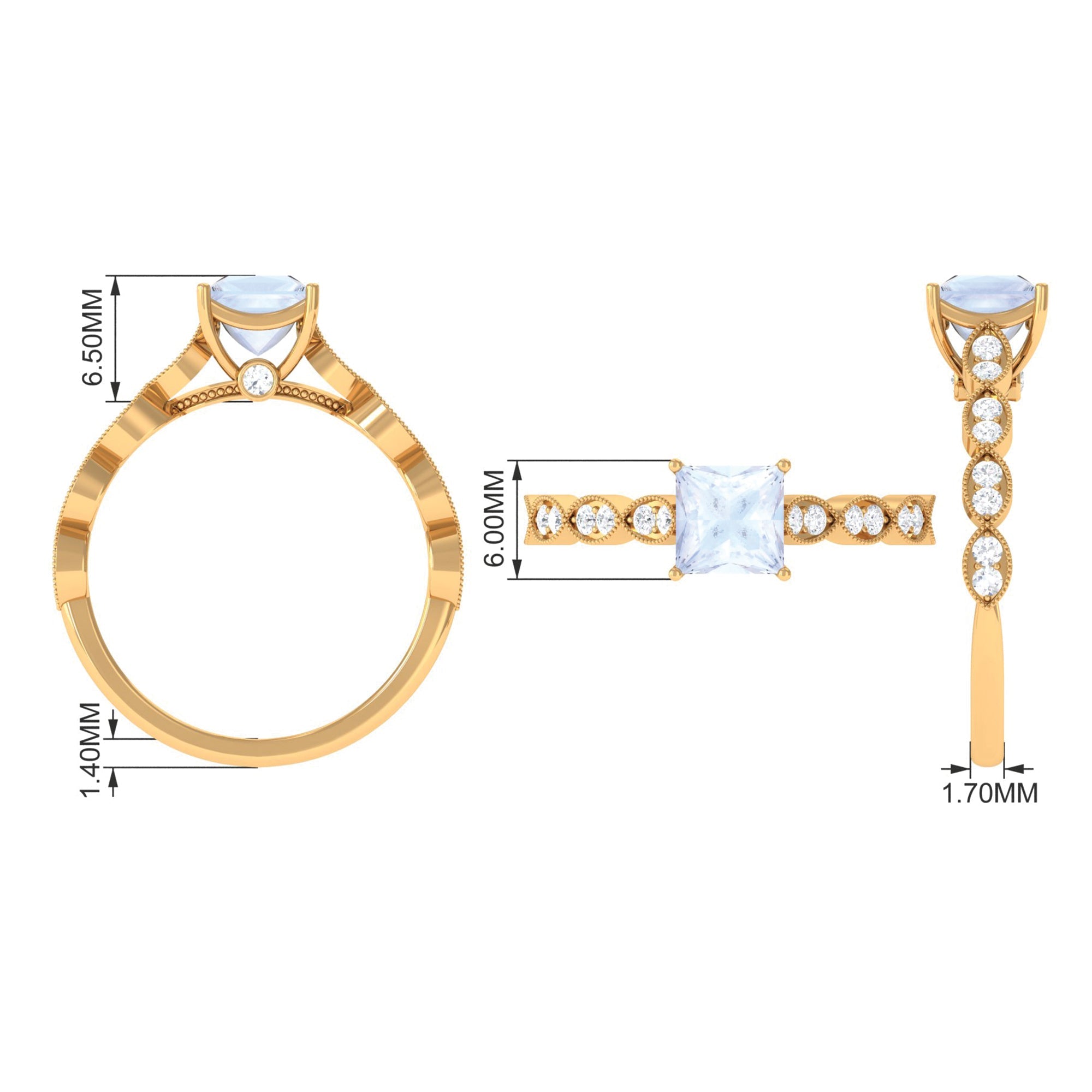 1 CT Princess Cut Moonstone Solitaire Ring with Diamond Side Stones