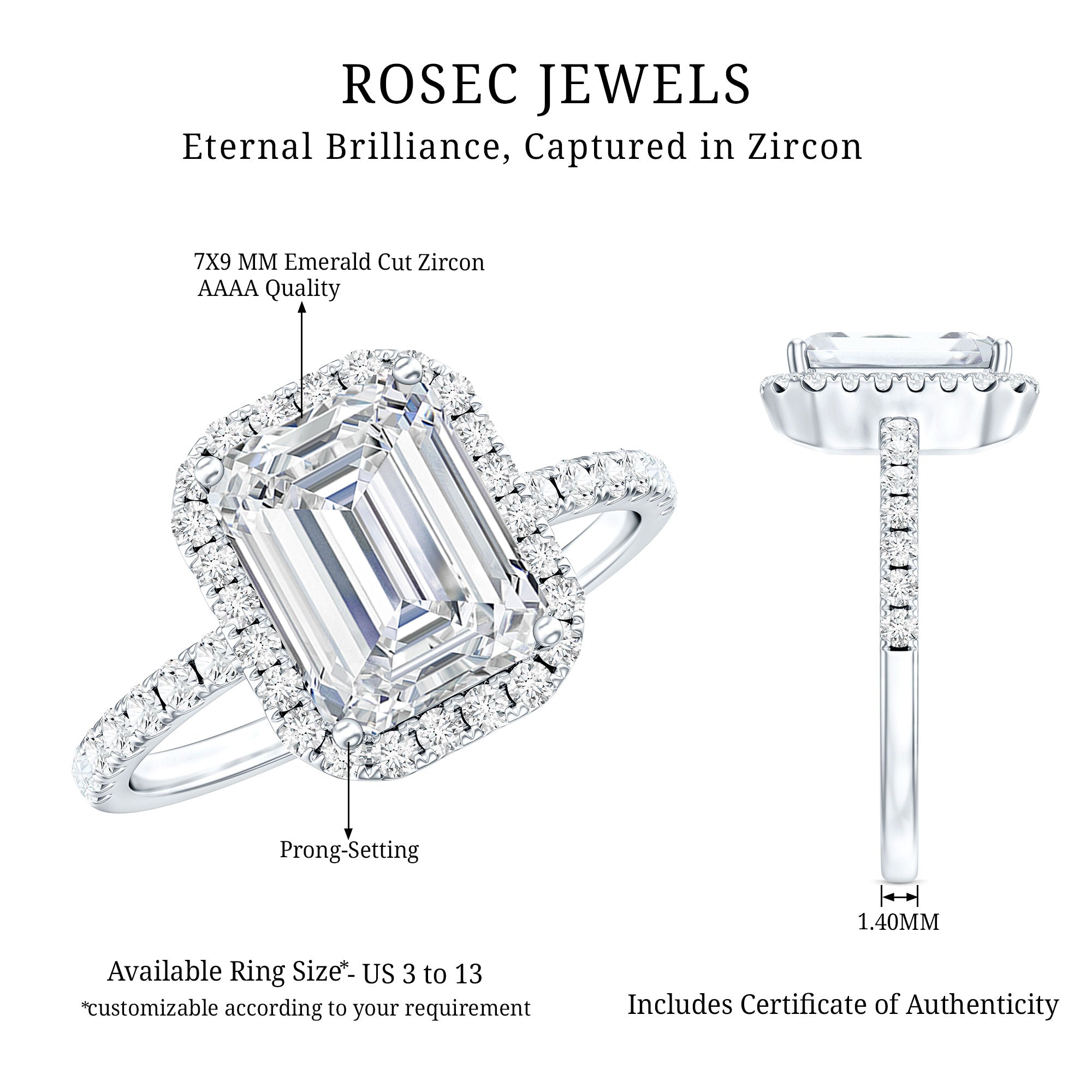 2.8 Carat Emerald Cut Cubic Zirconia Halo Engagement Ring