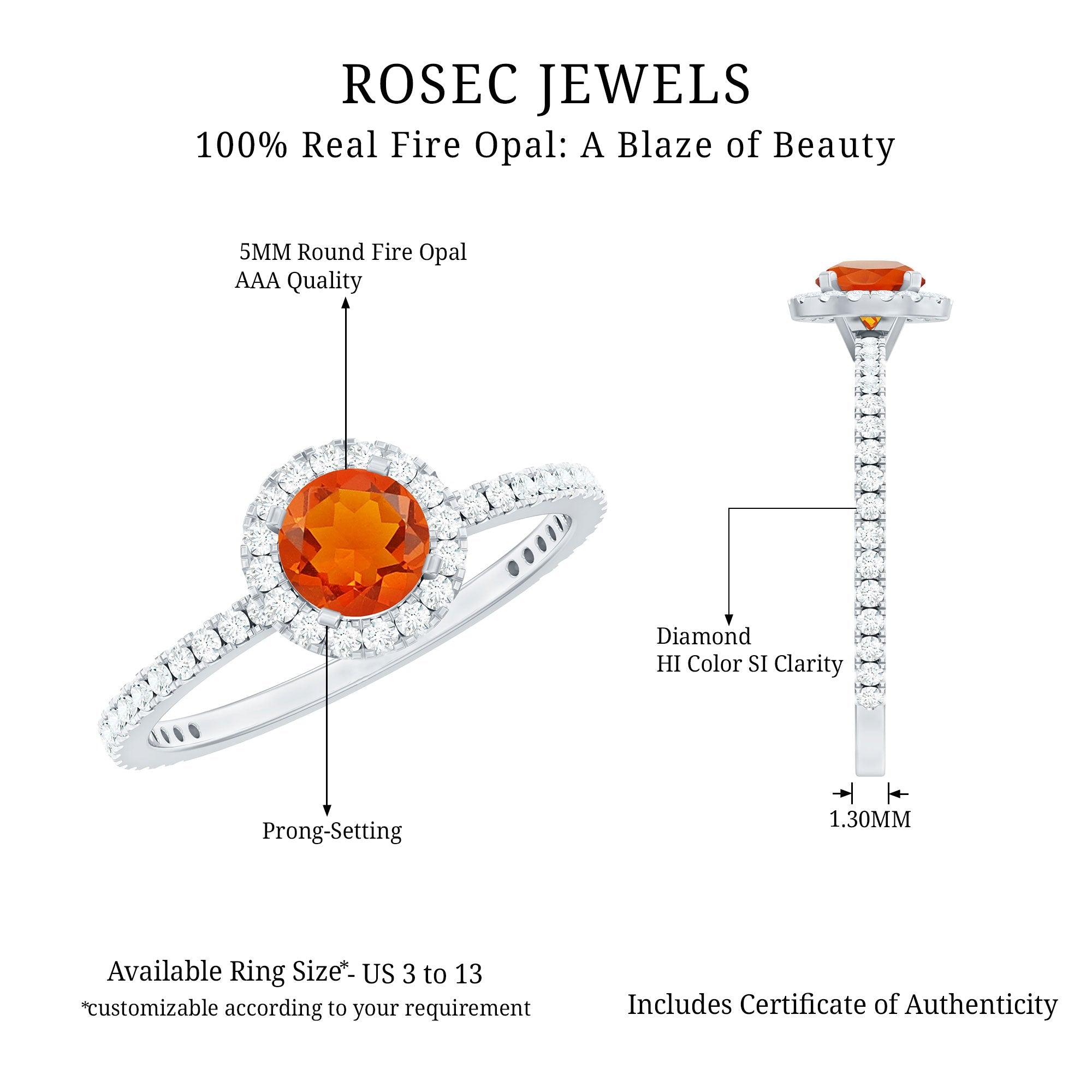 Round Shape Fire Opal Halo Engagement Ring with Diamond