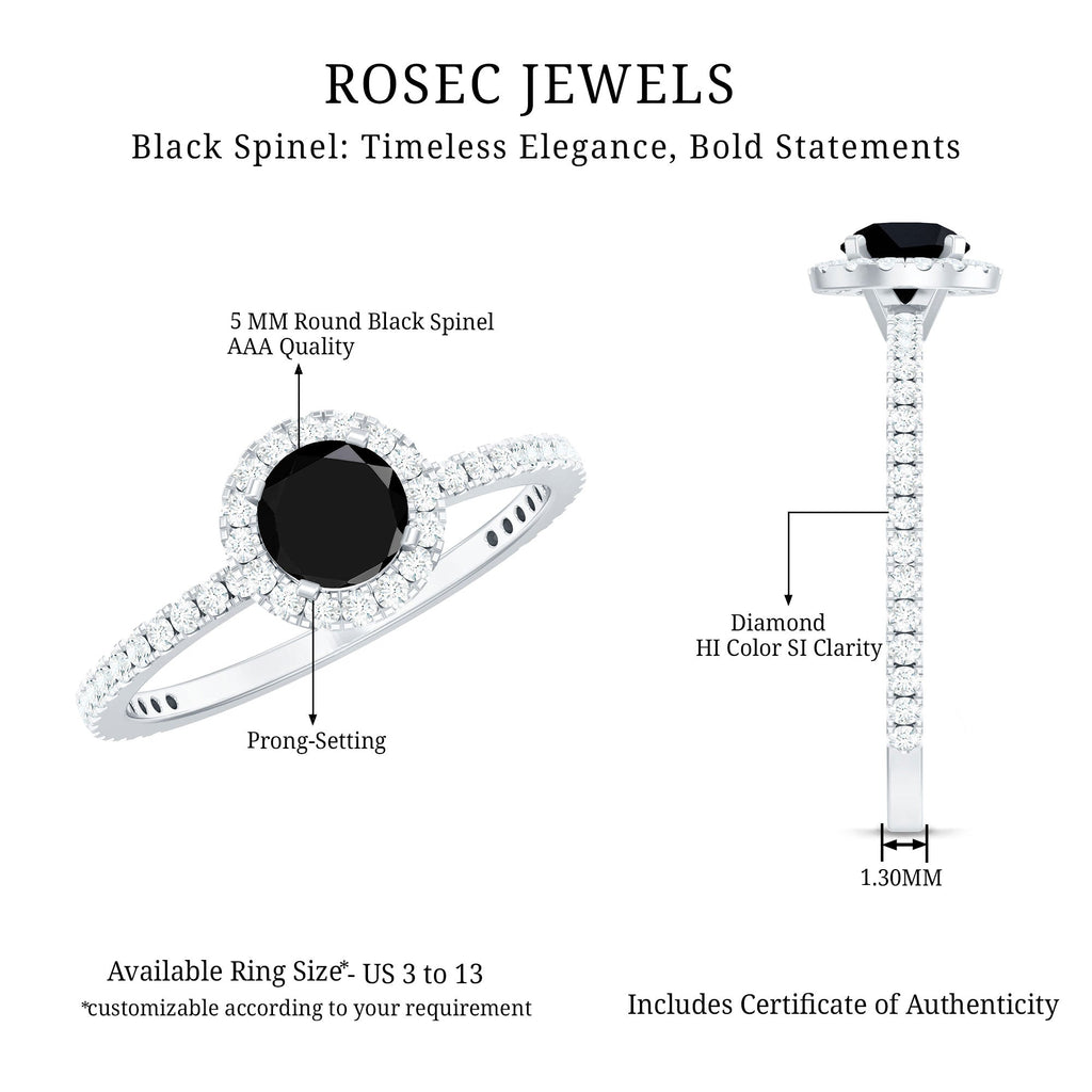 Black Spinel Minimal Engagement Ring with Diamond Halo