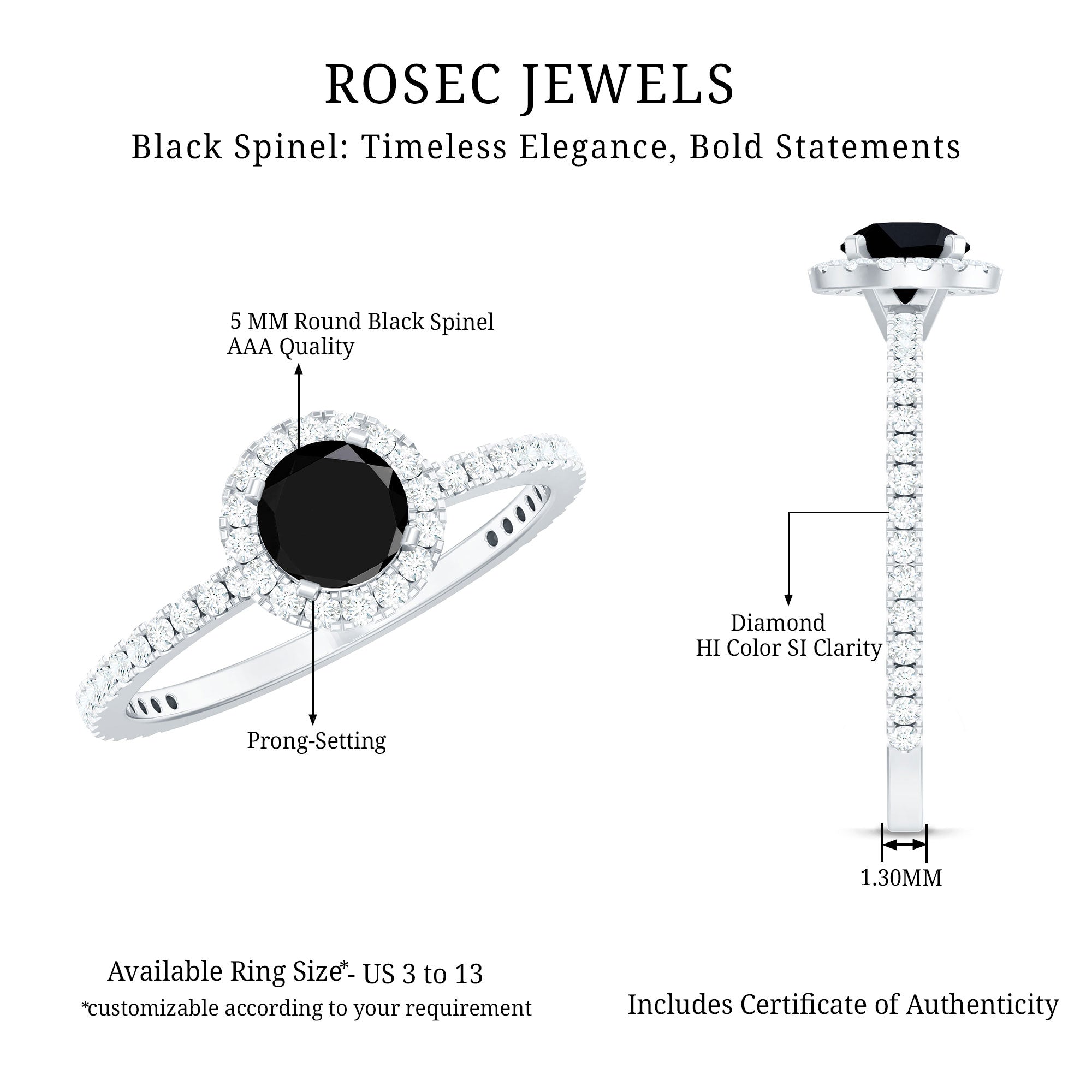 Black Spinel Minimal Engagement Ring with Diamond Halo